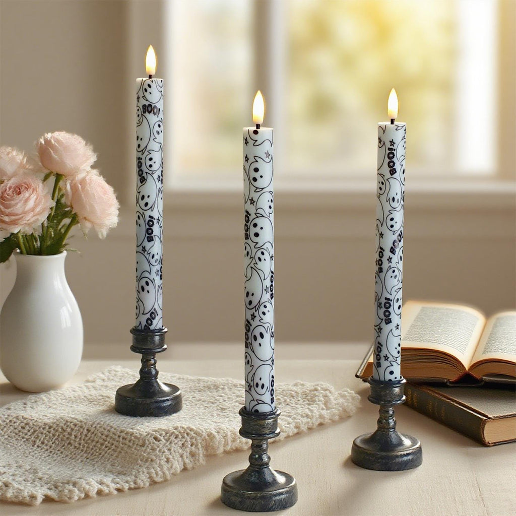 10" Tall Halloween LED Ghost Face Taper Candles with Remote Control, Timer, Flickering, Flameless & Safe Halloween Decor 3PCS
