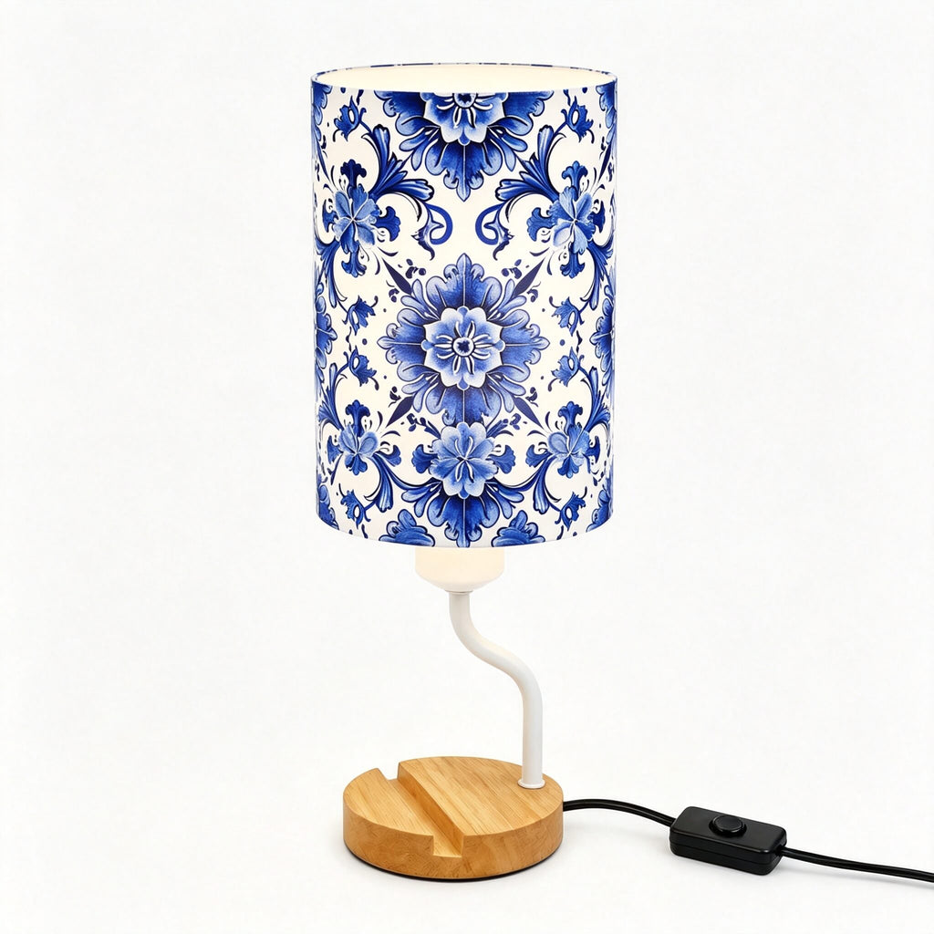 Blue & White Porcelain PLA Eco-Friendly Table Lamp 🎐 3-Button Dimmable Bedside Lamp with Phone Stand, Oriental Floral Home Decor Gift