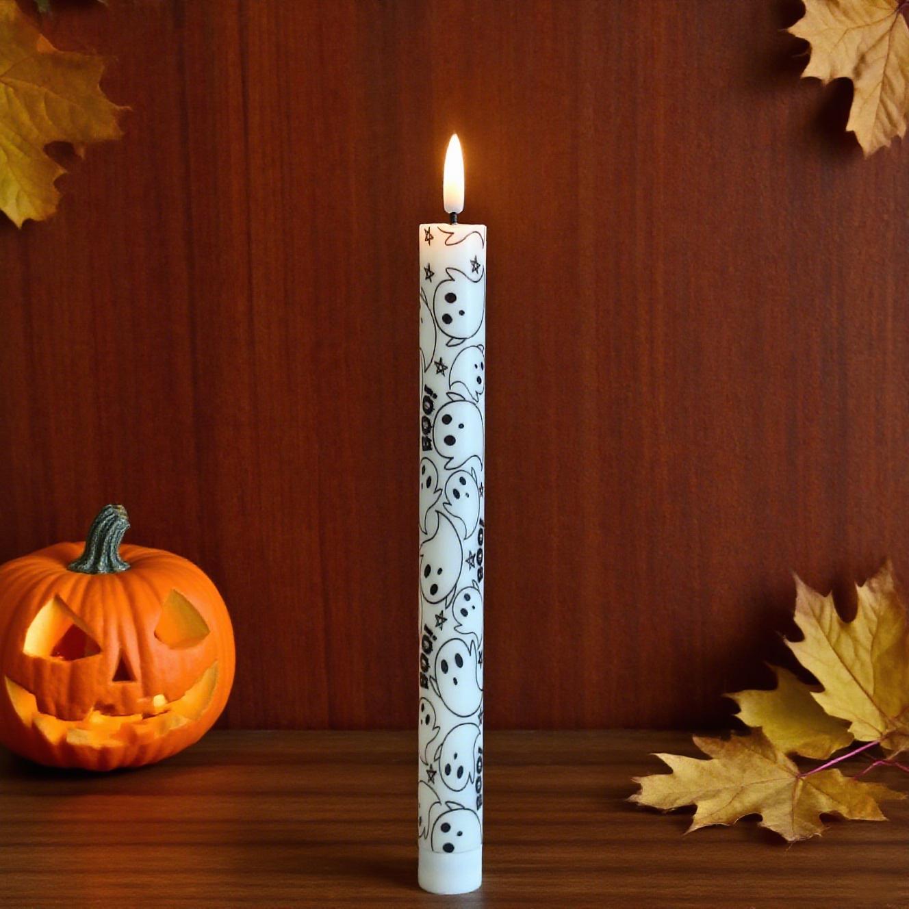 10" Tall Halloween LED Ghost Face Taper Candles with Remote Control, Timer, Flickering, Flameless & Safe Halloween Decor 3PCS