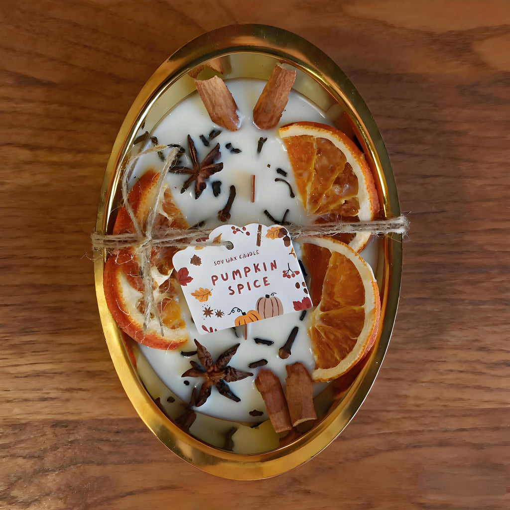 Orange Cinnamon Pumpkin Soy Candle, 3 Wood Wick Candle in Gold Tray, Handmade Halloween & Autumn Scent, Thanksgiving, Cozy Home Gift