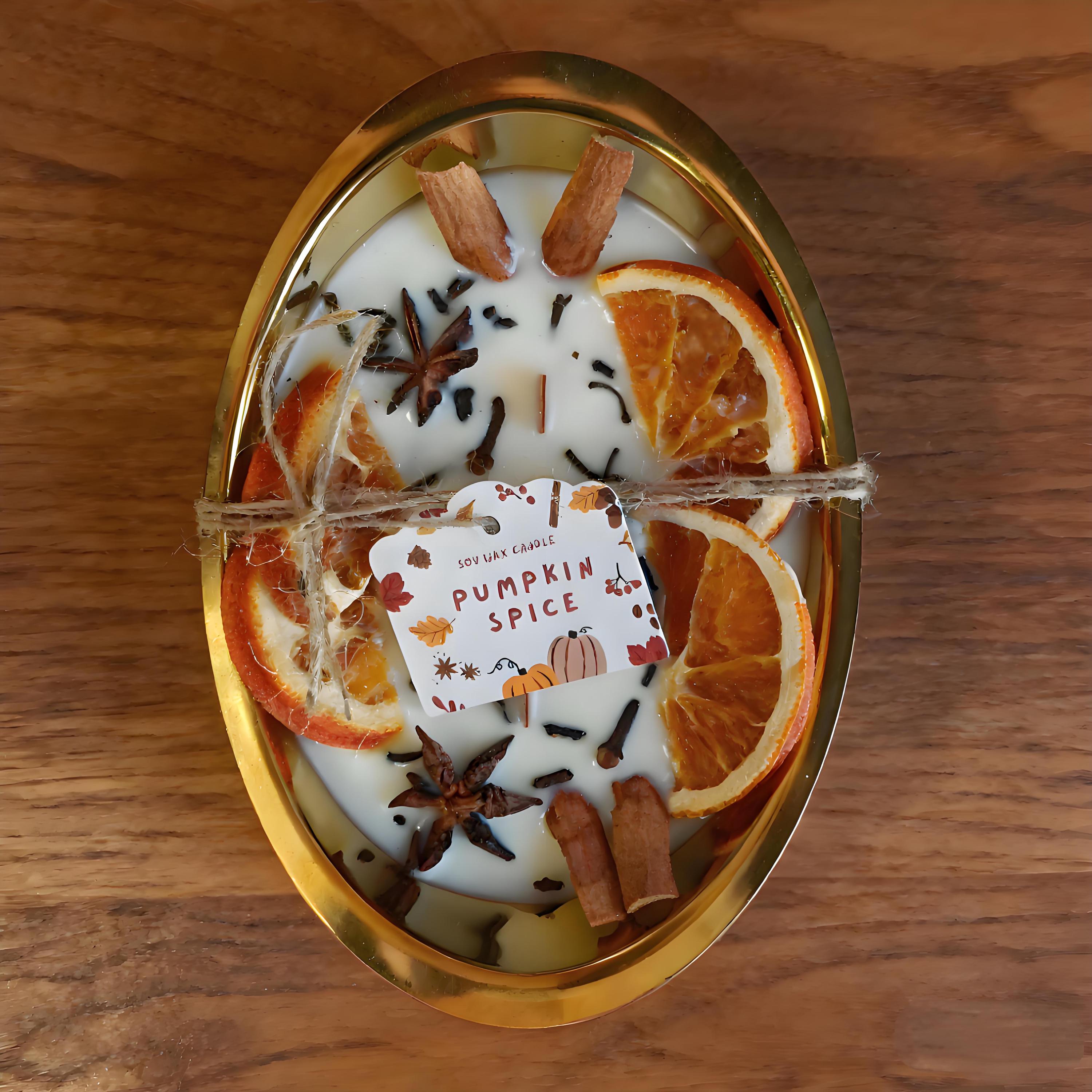 Orange Cinnamon Pumpkin Soy Candle, 3 Wood Wick Candle in Gold Tray, Handmade Halloween & Autumn Scent, Thanksgiving, Cozy Home Gift