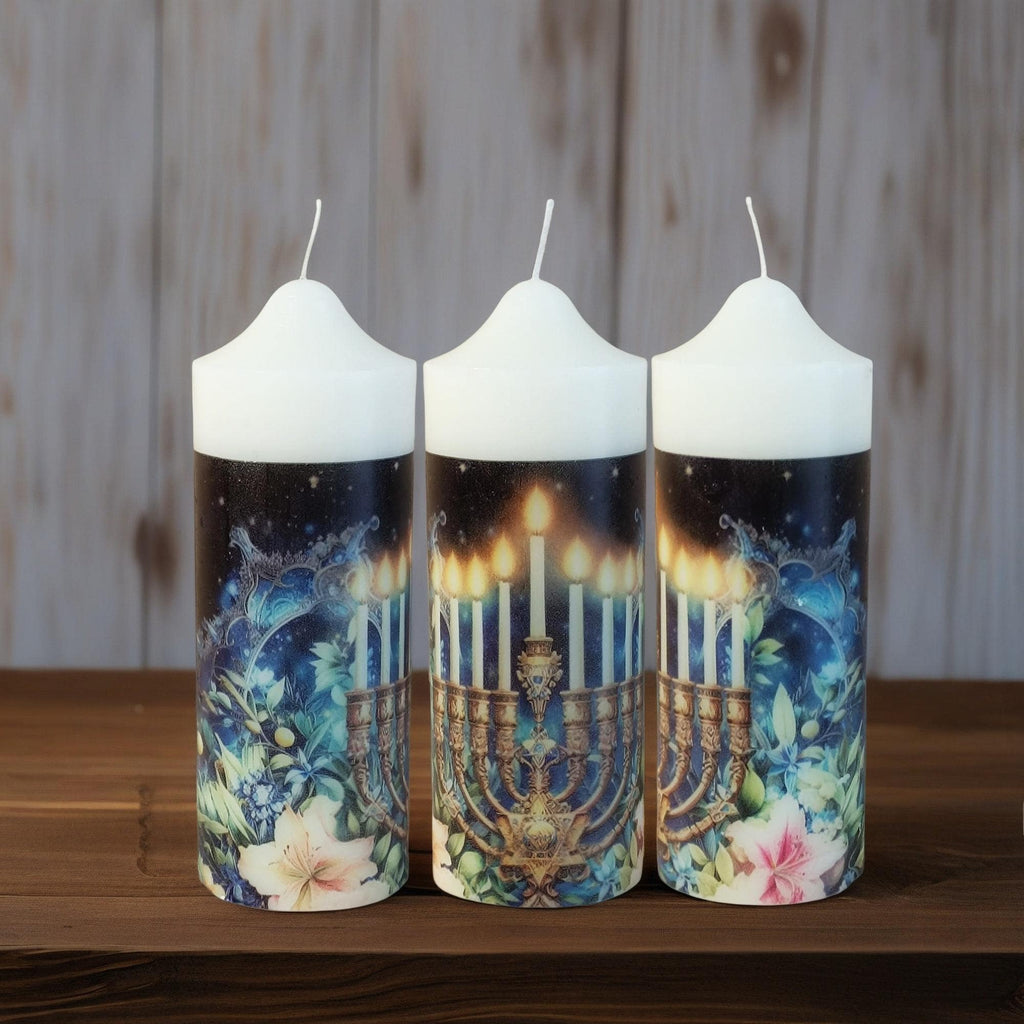 Personalized Shabbat Candles Set of 3: Jewish Ritual Pillar Candles