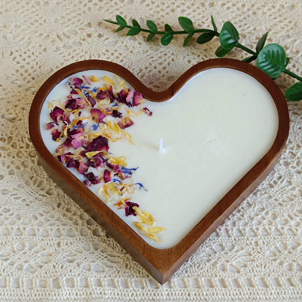 Heart Shaped Dough Wooden Bowl Candle with Dried Rose Hand-Poured Soy Wax / Farmhouse décor / Anniversary | Mothers Day Gift for Her
