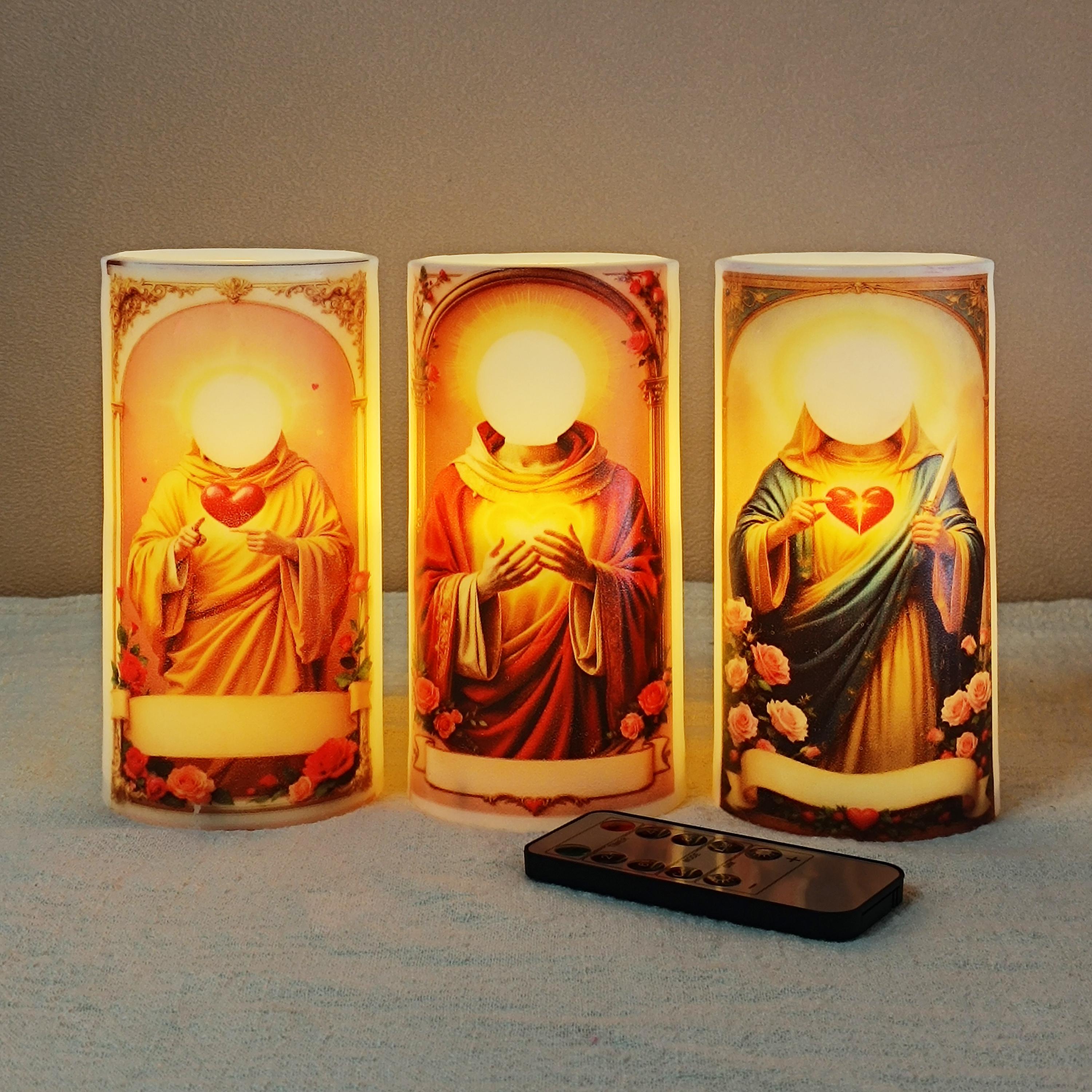 Personalized Saint Flameless LED Candle: Custom Prayer Votive with Remote