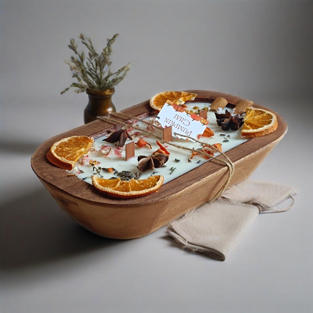 Orange Dough Bowl Candle: 3-Wick Soy Wax, Reclaimed Wood