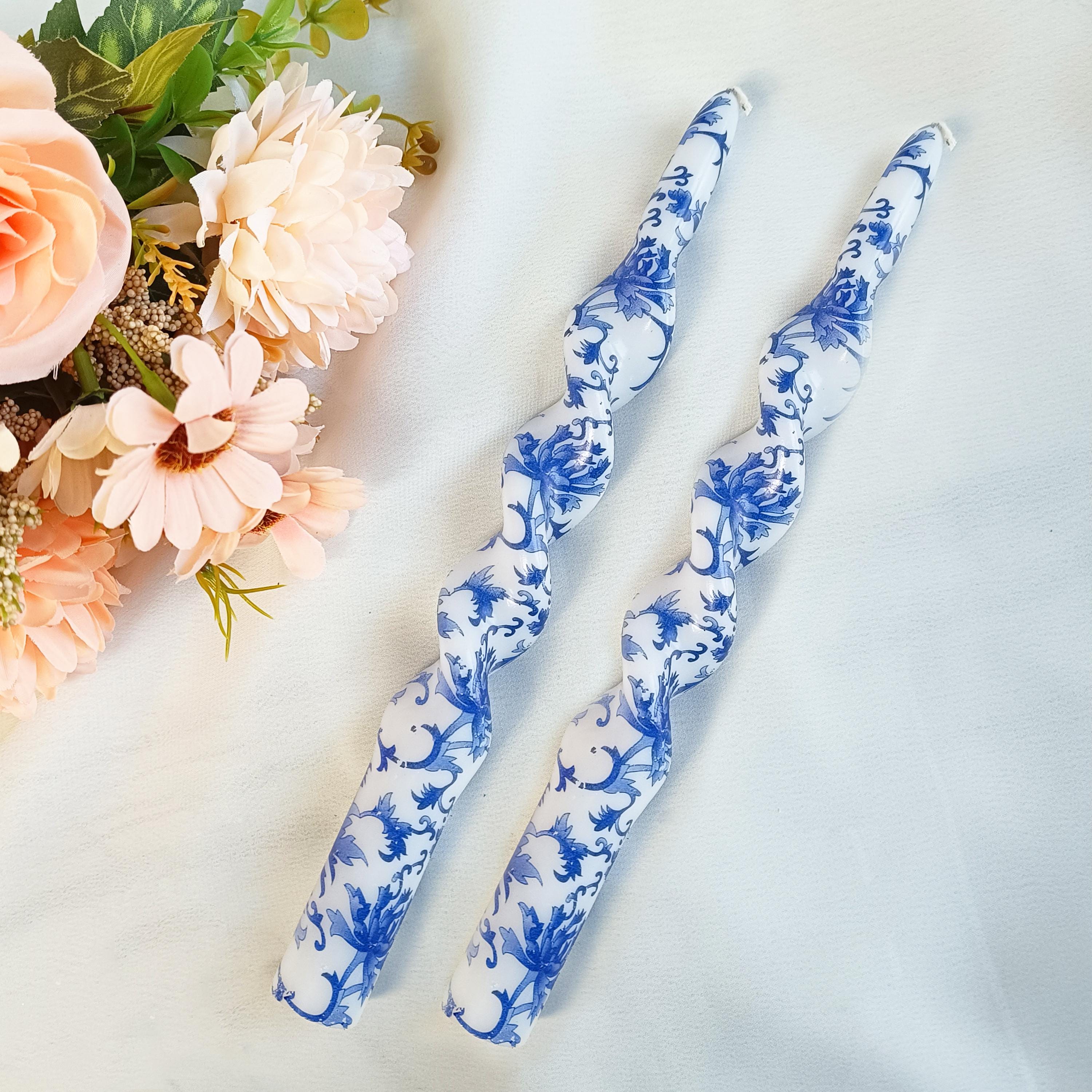 Spiral Candle Sticks Printed Taper Candlestick,2PC Blue Flower Tapered Candle ,Valentine's Gift,Dinner Decor,blue and white Taper Candle