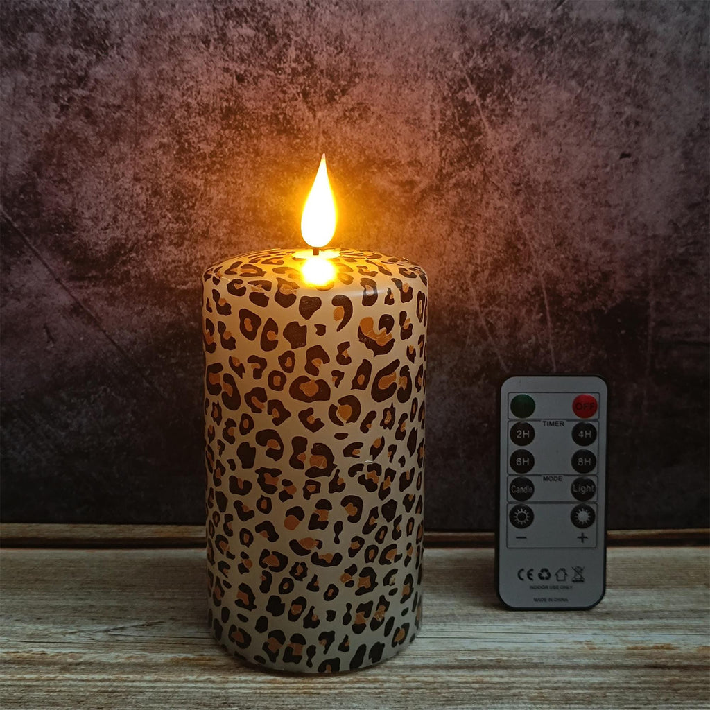 Leopard Printed Flameless Candles,5.1 Inch Led Pillar Candles,Flickering Flameless Candles,Battery Operated Candles,Housewarming Gift