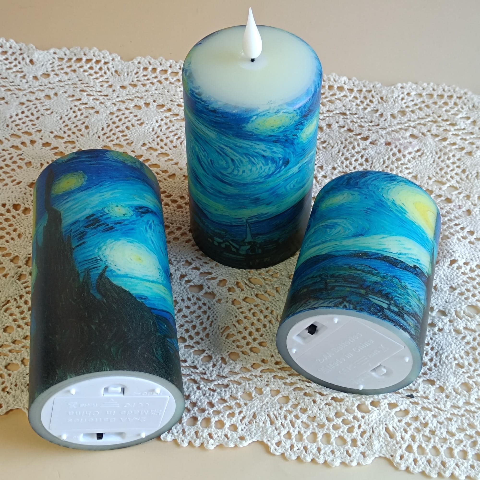 Van Gogh Starry Night Flameless Candles Set of 3,Real Wax Remote Control&Timer LED Candle,Battery Operated Pillar Candles for Christmas Gift