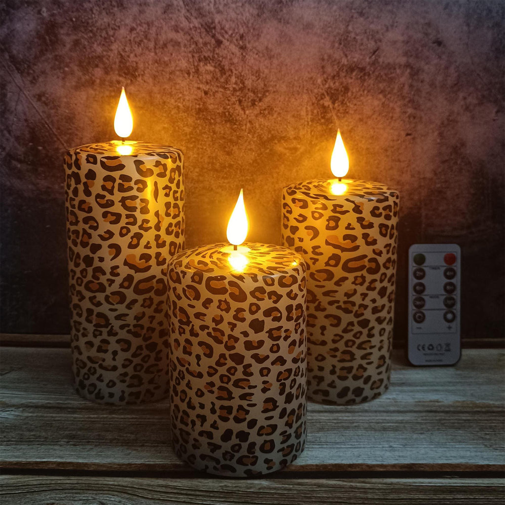Leopard Printed Flameless Candles,5.1 Inch Led Pillar Candles,Flickering Flameless Candles,Battery Operated Candles,Housewarming Gift