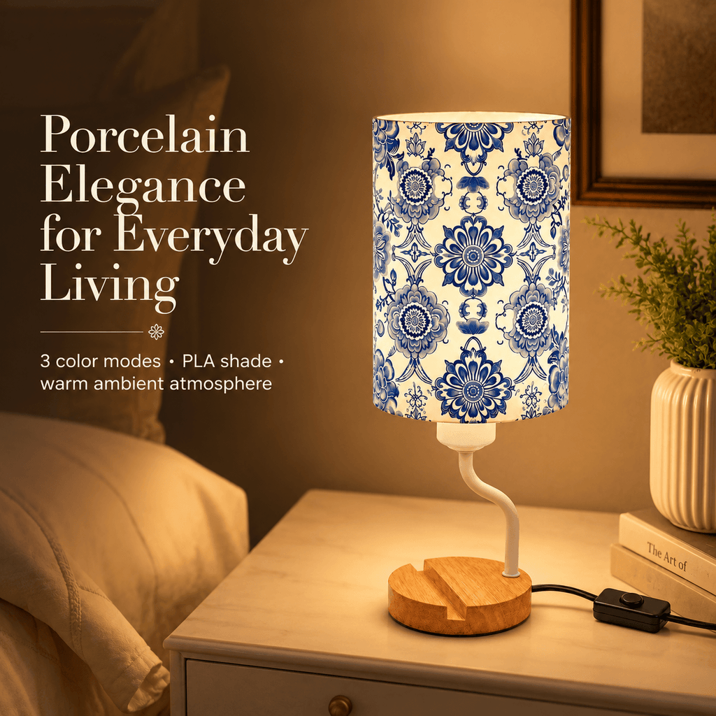 Blue & White Porcelain PLA Eco-Friendly Table Lamp 🎐 3-Button Dimmable Bedside Lamp with Phone Stand, Oriental Floral Home Decor Gift