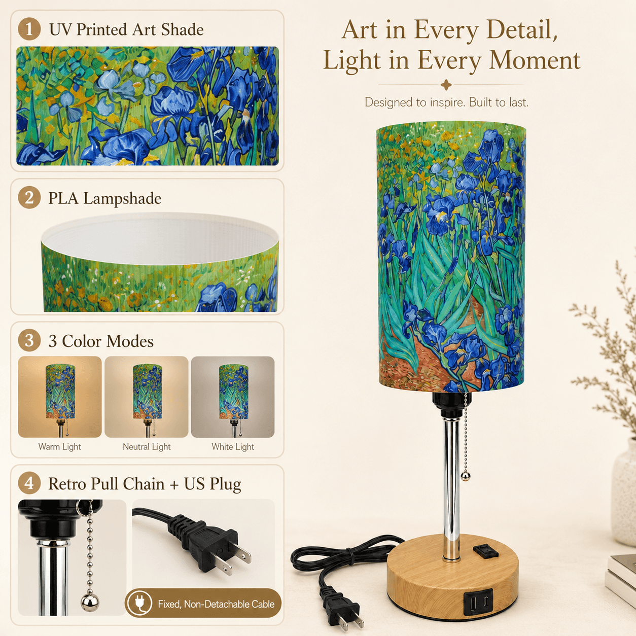 Van Gogh Irises PLA Eco-Friendly Pull Chain Table Lamp 💐 3 Color Dimmable Multifunctional Bedside Lamp, Classic Art Home Decor Gift