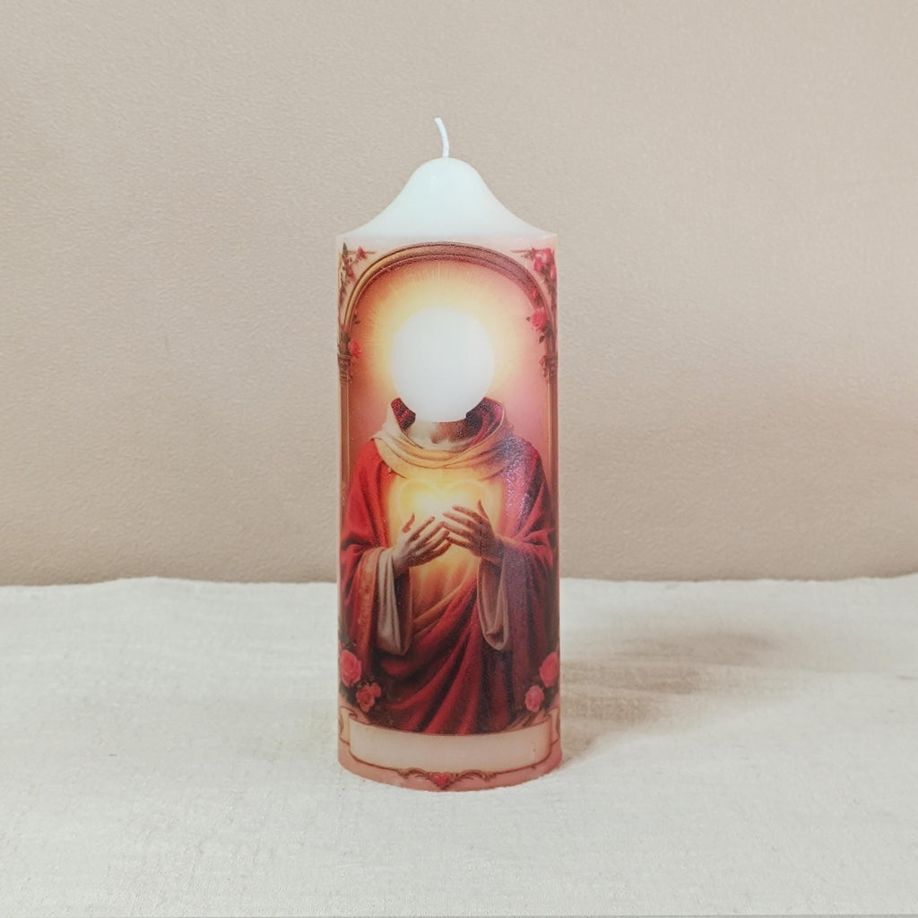 Personalized Prayer Candle: Custom Saint Memorial, Handmade Pillar Candle