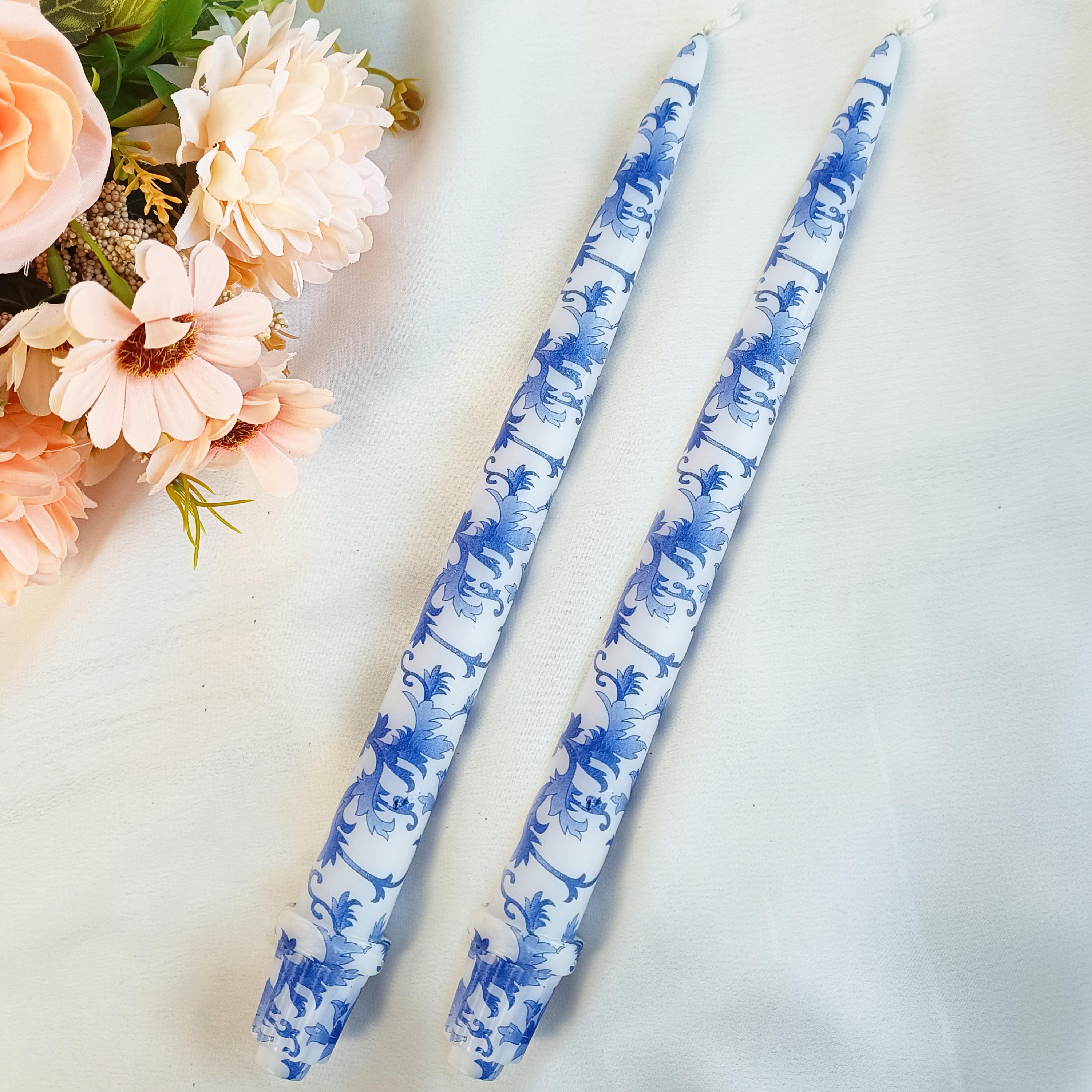 Spiral Candle Sticks Printed Taper Candlestick,2PC Blue Flower Tapered Candle ,Valentine's Gift,Dinner Decor,blue and white Taper Candle