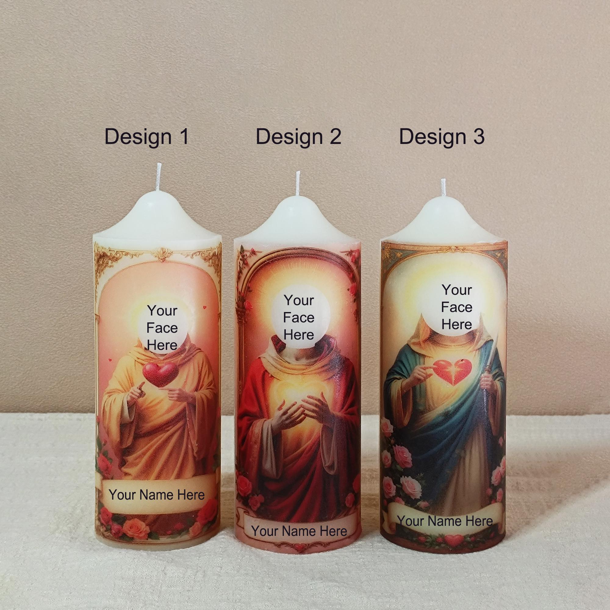 Personalized Prayer Candle: Custom Saint Memorial, Handmade Pillar Candle