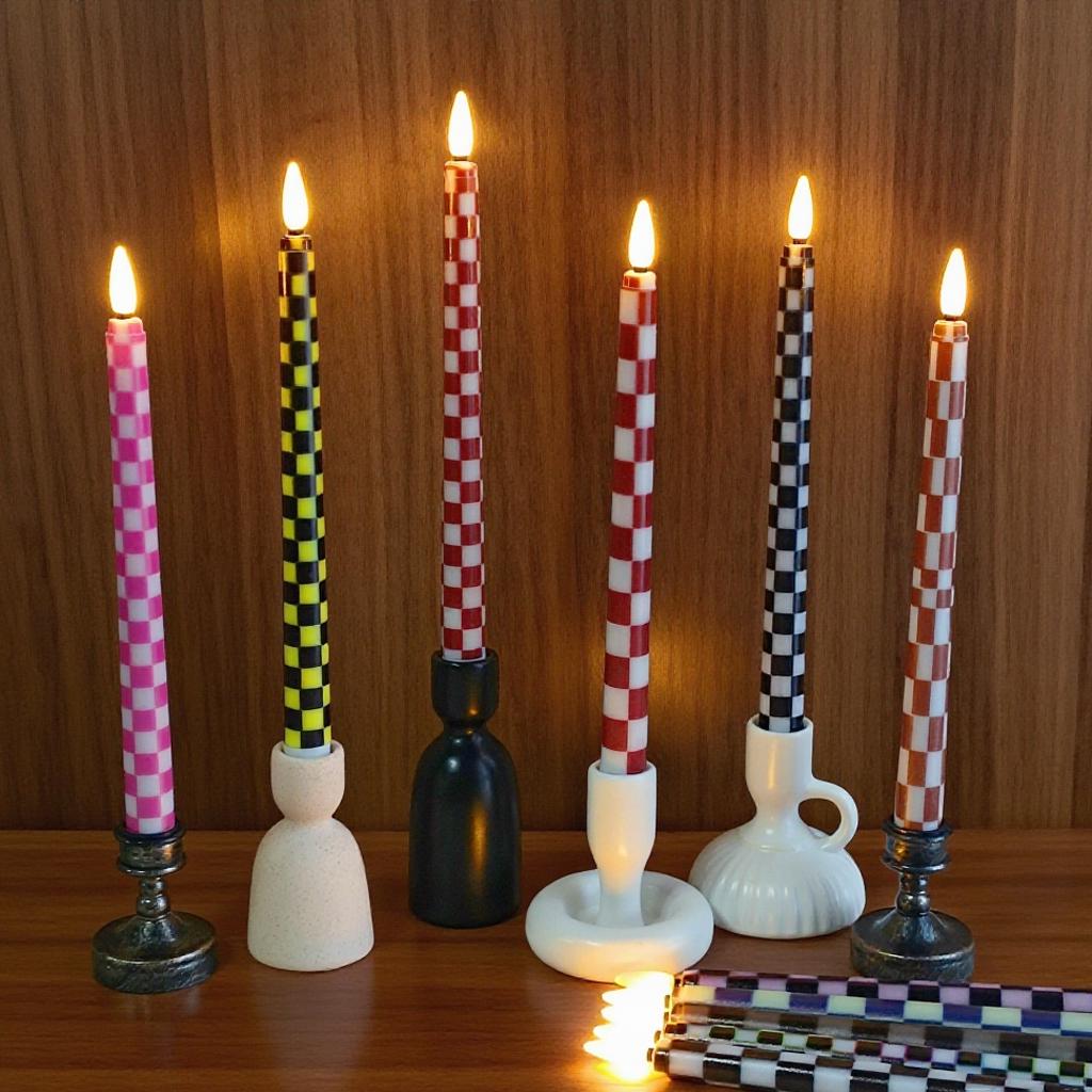 Checkerboard LED Taper Candles,Battery Timer Candles Colorful Candle stick,Flameless Home Decor Dinner Birthday Gift