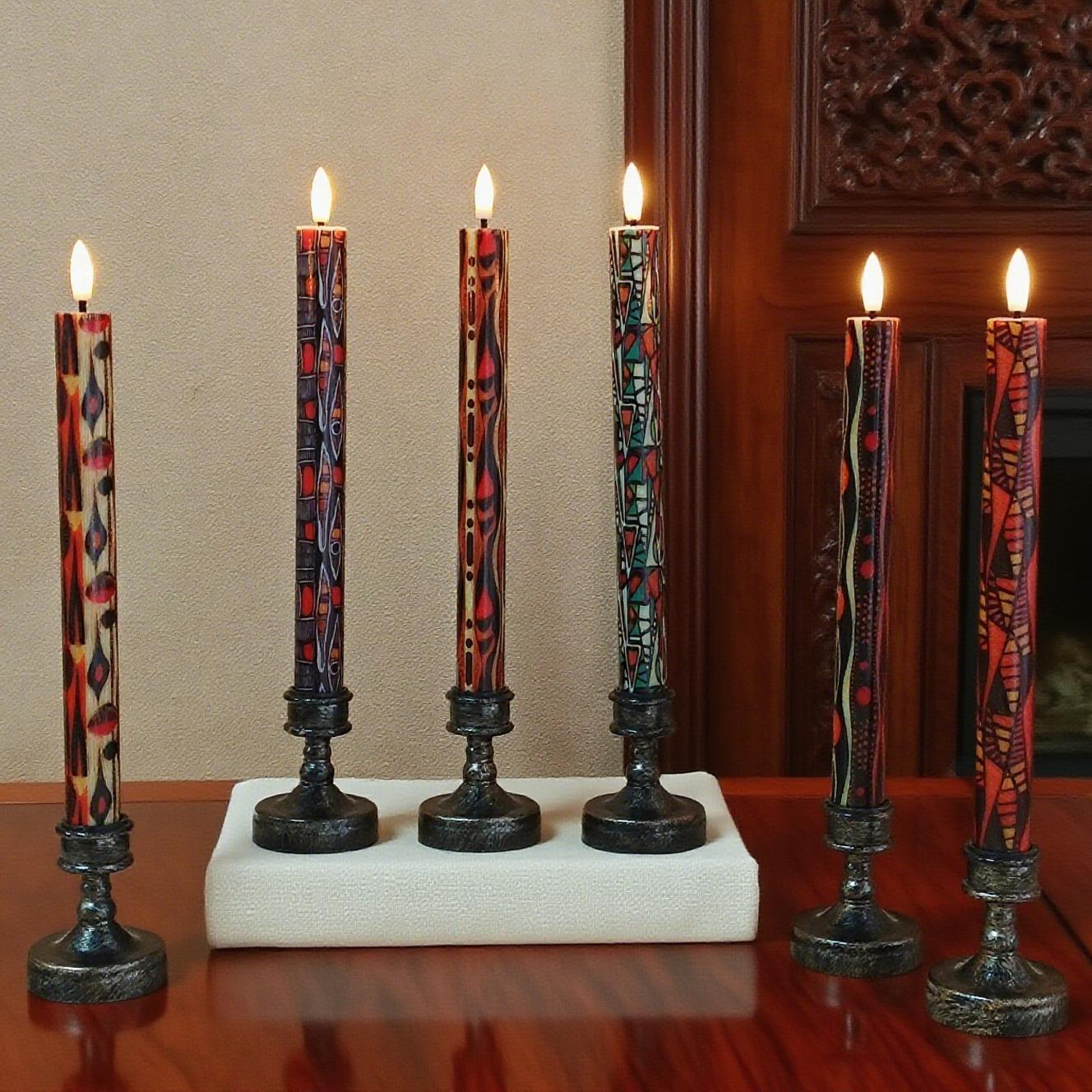 African Abstract Geometric Pattern Taper Candles,10” Remote Control,LED Light with Timer,Art Home Decor