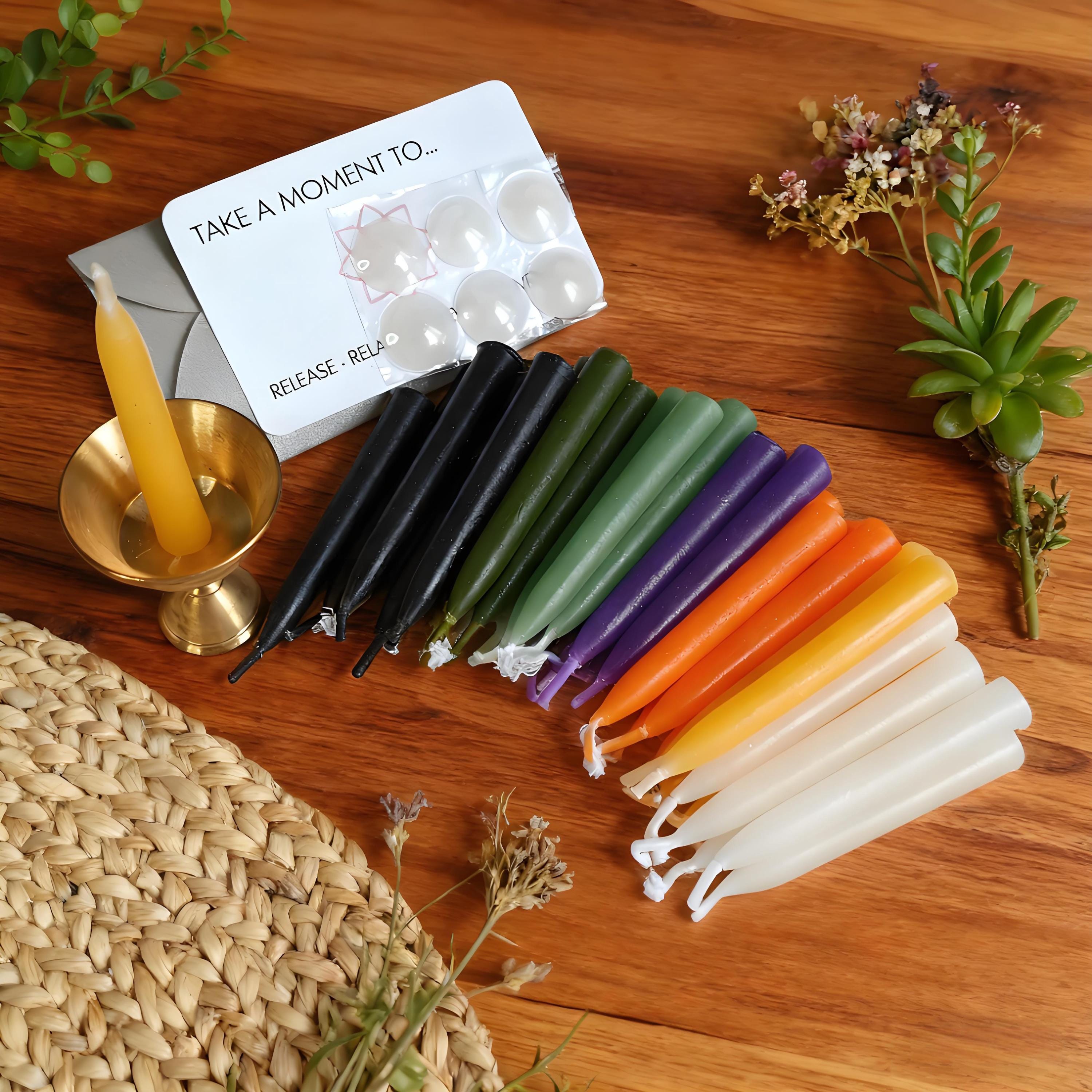 Ritual/Chime/Spell/Candles, Multi Color Beeswax Taper Candles, 2.5" Hand-Dipped Meditation Prayers Candles with Holder, 35pcs