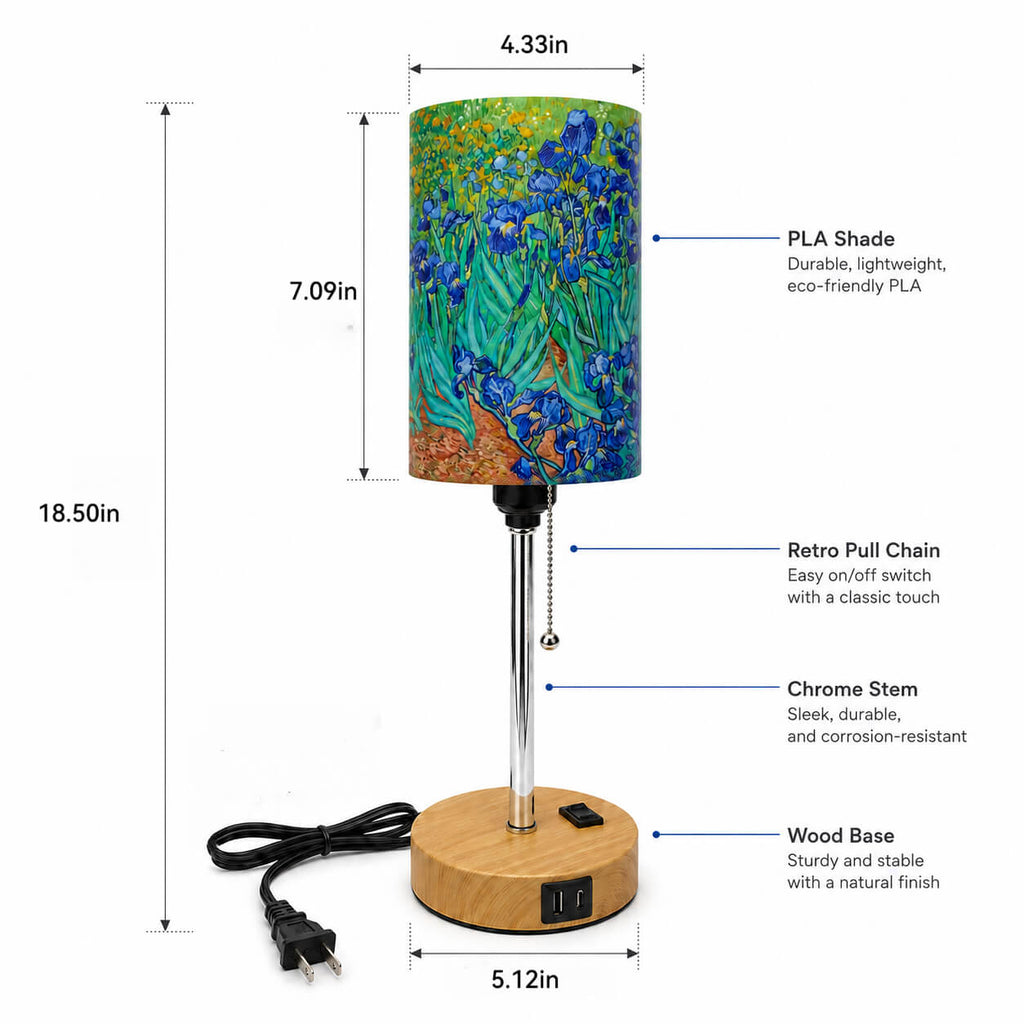 Van Gogh Irises PLA Eco-Friendly Pull Chain Table Lamp 💐 3 Color Dimmable Multifunctional Bedside Lamp, Classic Art Home Decor Gift