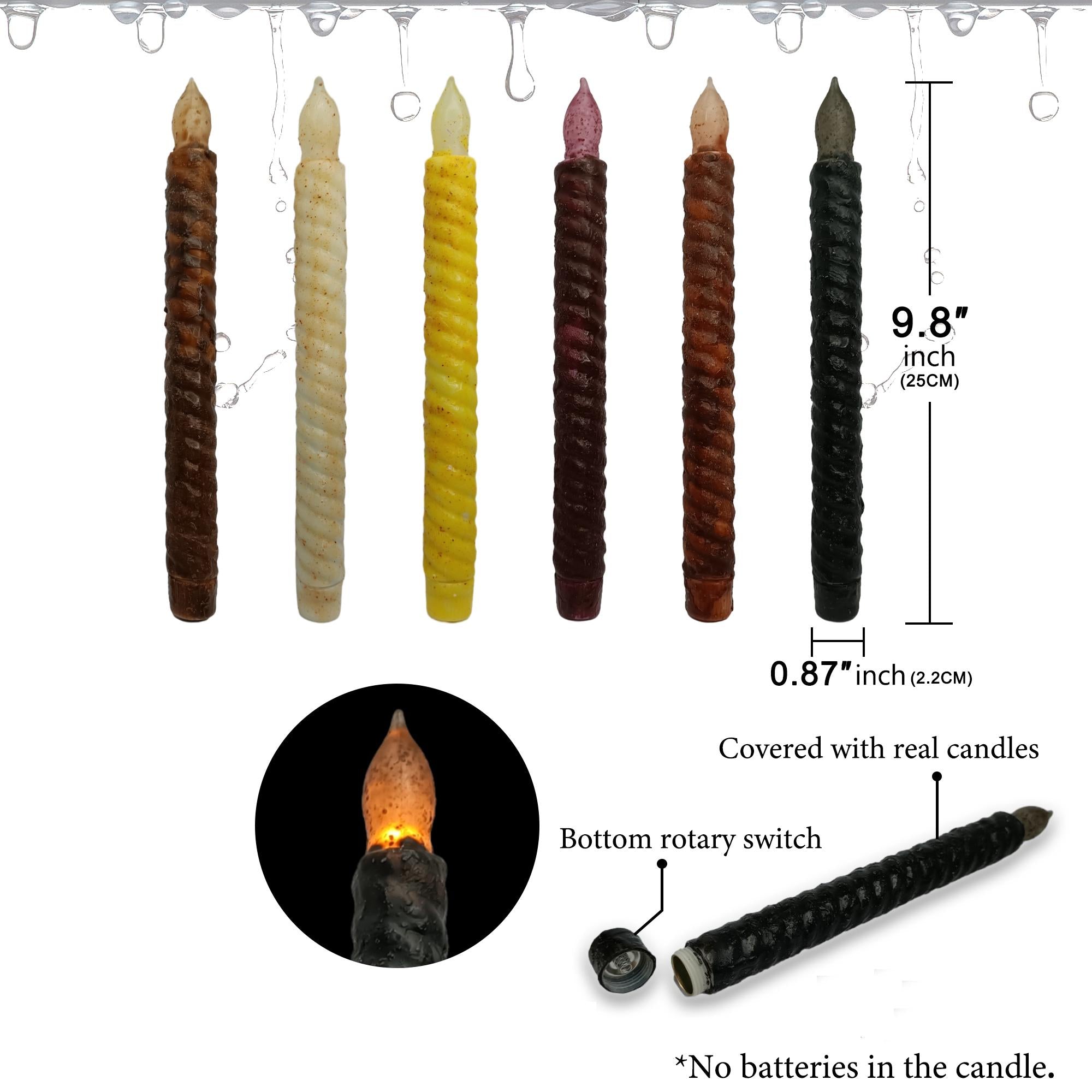 9.8 Inch Taper Primitive Candles with Timer,Flameless Led Taper Candles,Real Wax Hand Dipped Candles,For Halloween Home Decor Church