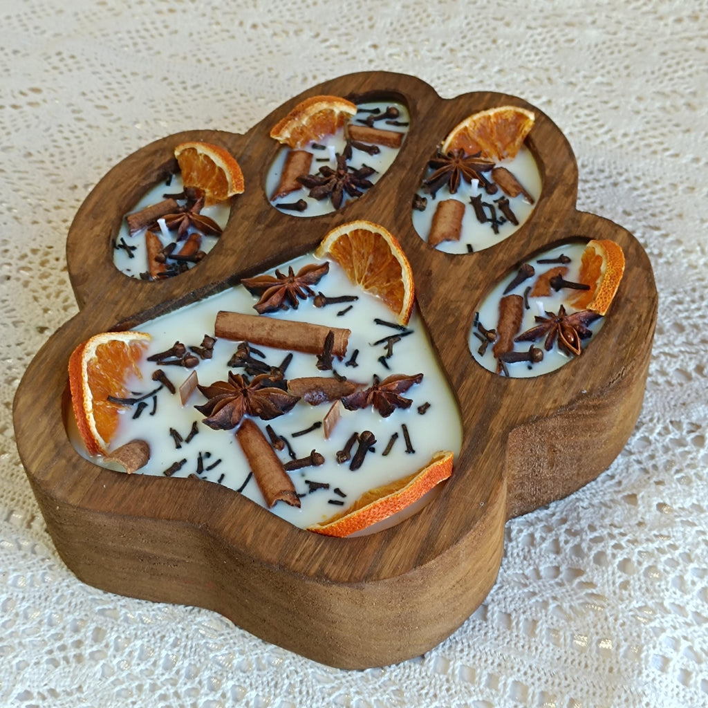 Paw Print Soy Candle: Handmade Dough Bowl Candle with Wooden Wick