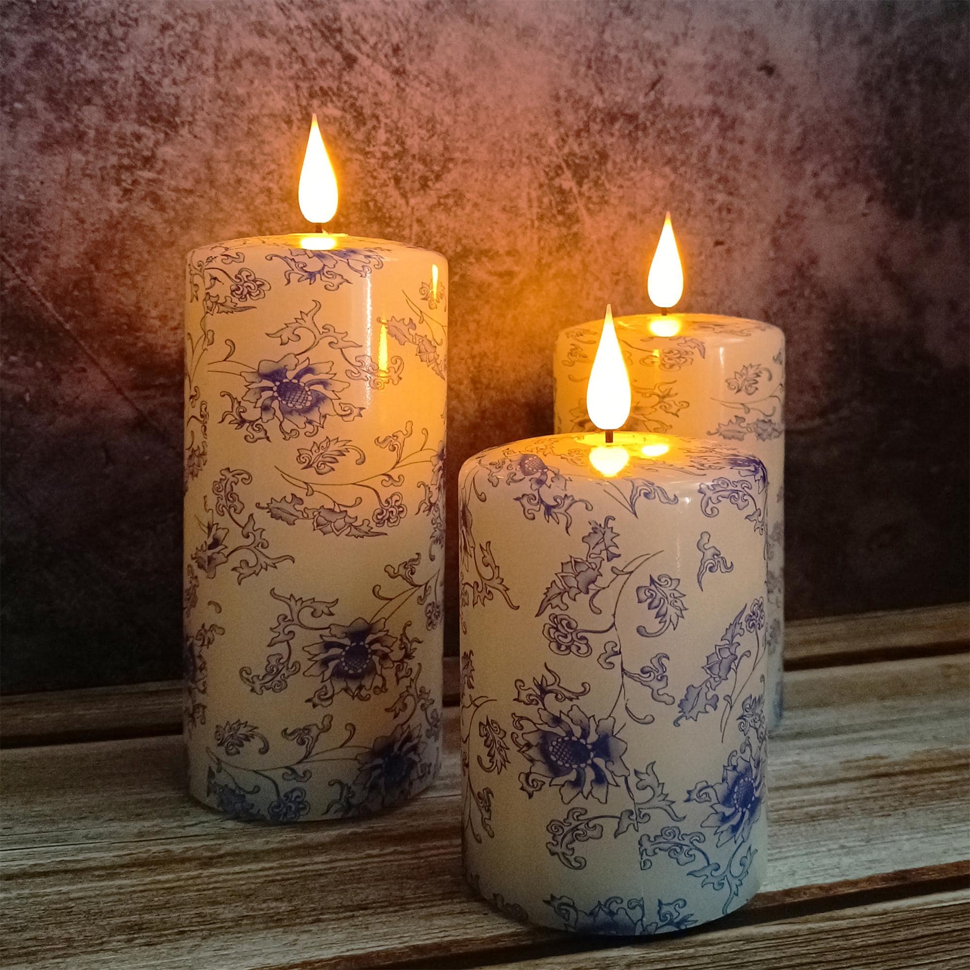 Blue And White Floral Printed Flameless Candles,Led Taper Candles,Flickering Flameless Candles,Battery Operated Candles,Housewarming Gift
