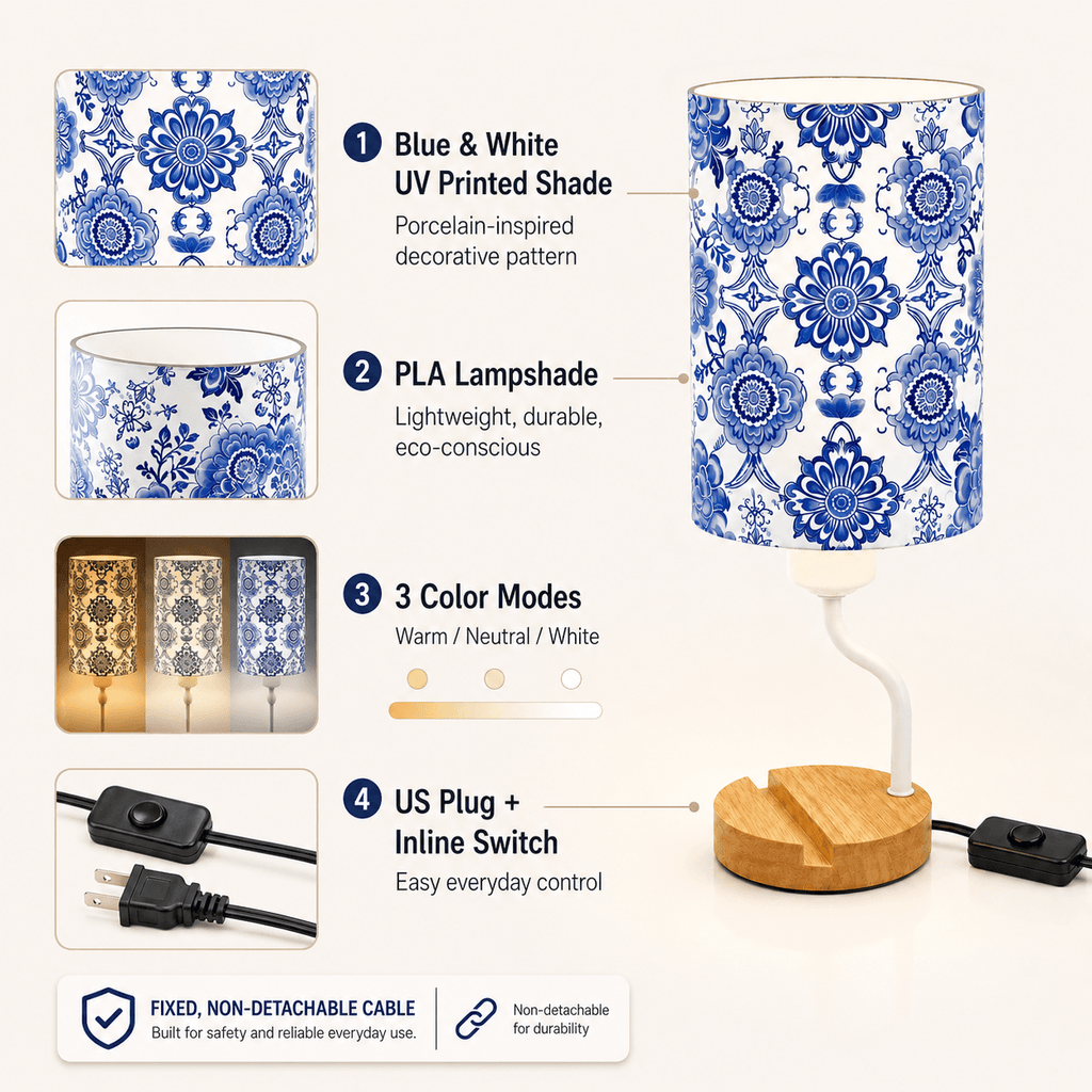 Blue & White Porcelain PLA Eco-Friendly Table Lamp 🎐 3-Button Dimmable Bedside Lamp with Phone Stand, Oriental Floral Home Decor Gift