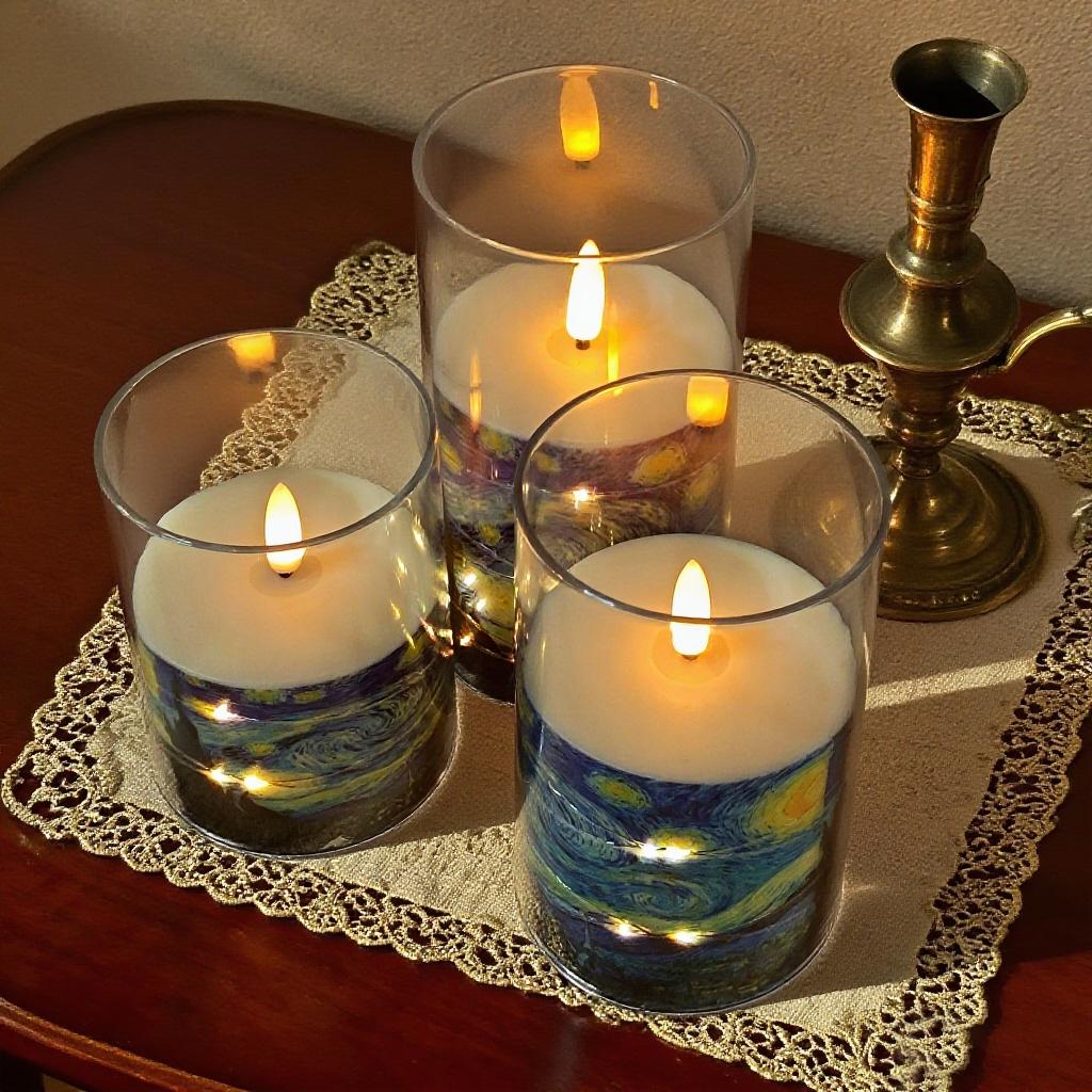 Van Gogh Starry Night Flameless Candles,Remote Control&Timer LED Candle,Battery Operated Pillar Candles for Birthday Gifts