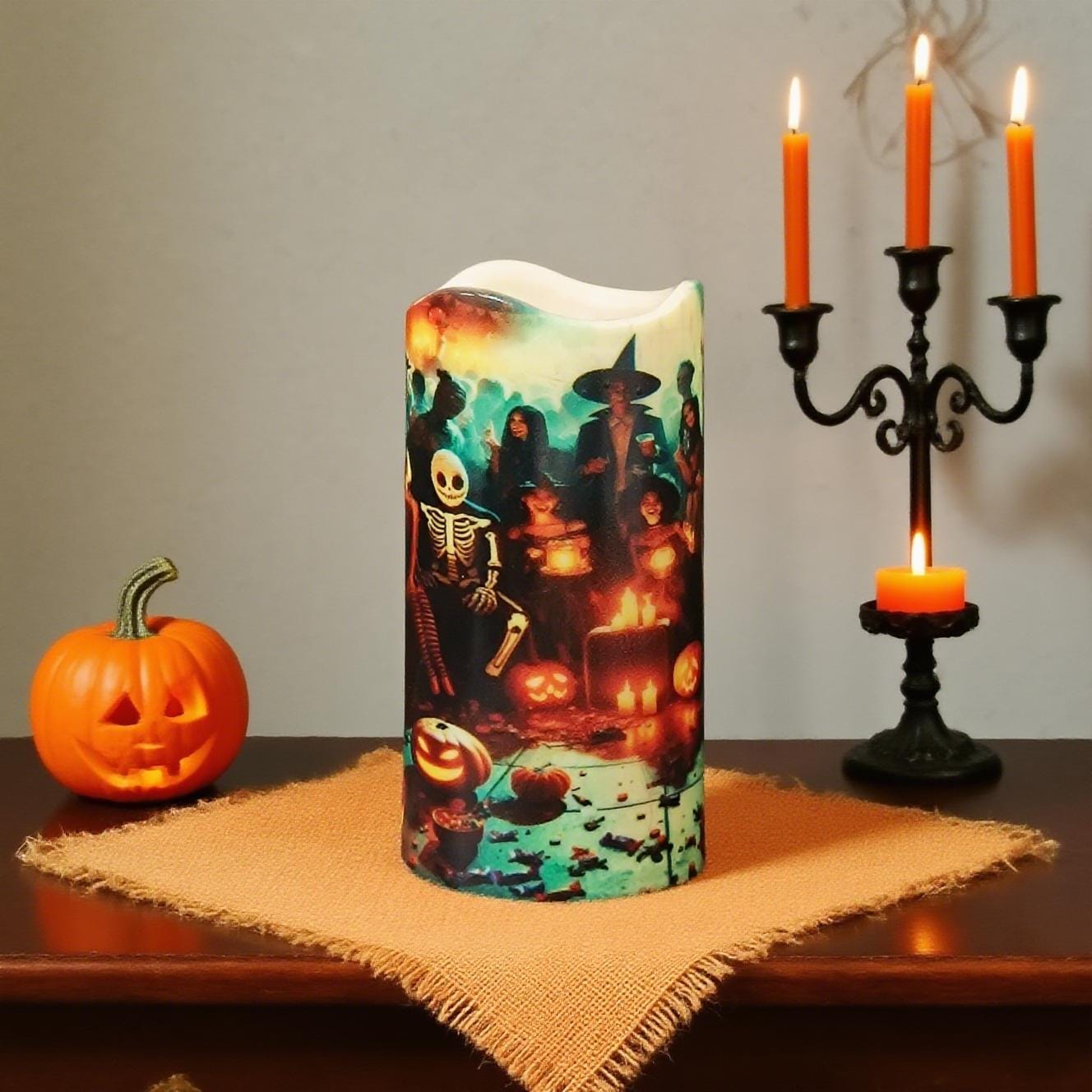 6" Halloween LED Pillar Candle Remote Control & Timer Flickering Flameless Light Spooky Skull Pumpkin Spider Decor