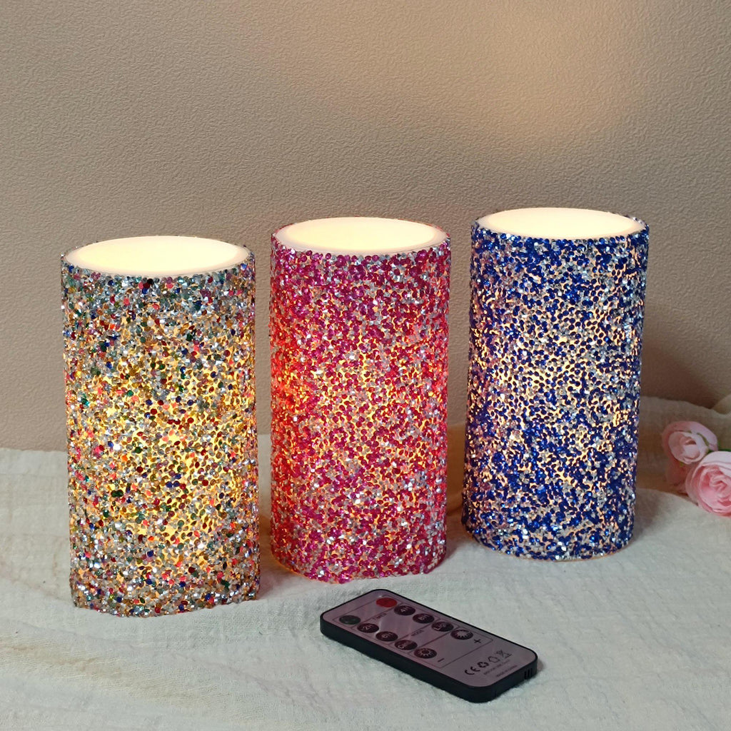6 Inch LED Pillar Candles,Flameless Rhinestone Candles with Remote Control and Timer，Battery Operated Flickering for Home Decor Christmas