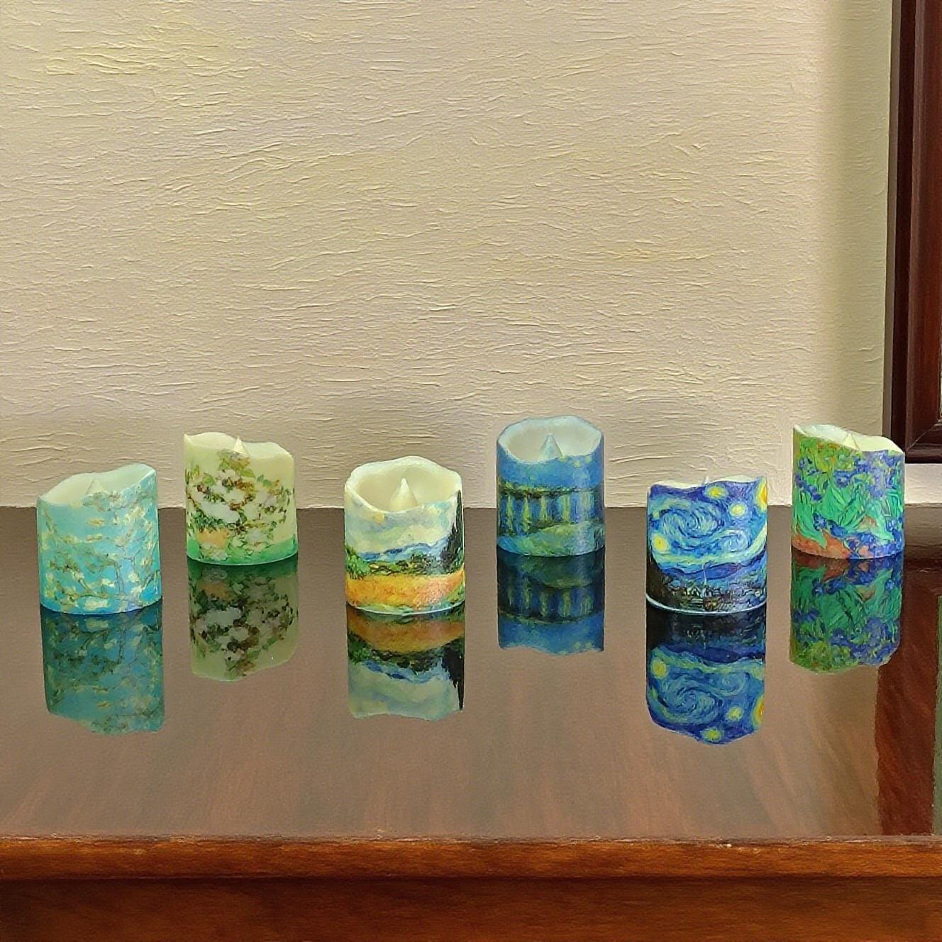 Van Gogh Painting LED Tea Lights,Set of 12 or 24,Flameless Candles, 6 Famous Artworks, Personalized original gift