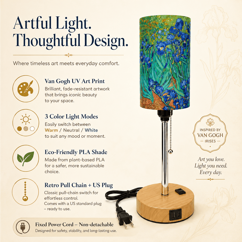 Van Gogh Irises PLA Eco-Friendly Pull Chain Table Lamp 💐 3 Color Dimmable Multifunctional Bedside Lamp, Classic Art Home Decor Gift