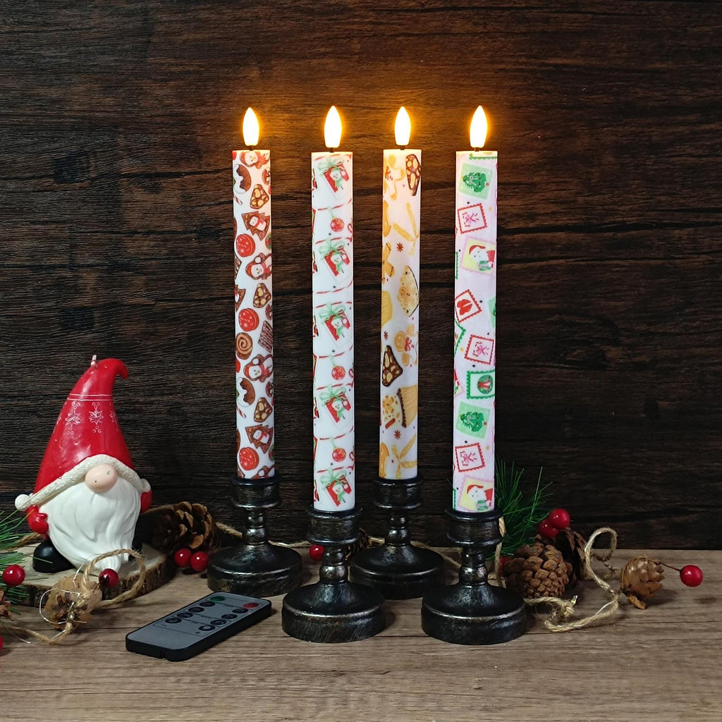 10" Christmas Flameless LED Taper Candles, Battery Timer Candles Gingerbread Man Snowman Christmas Party Decor Christmas Gift