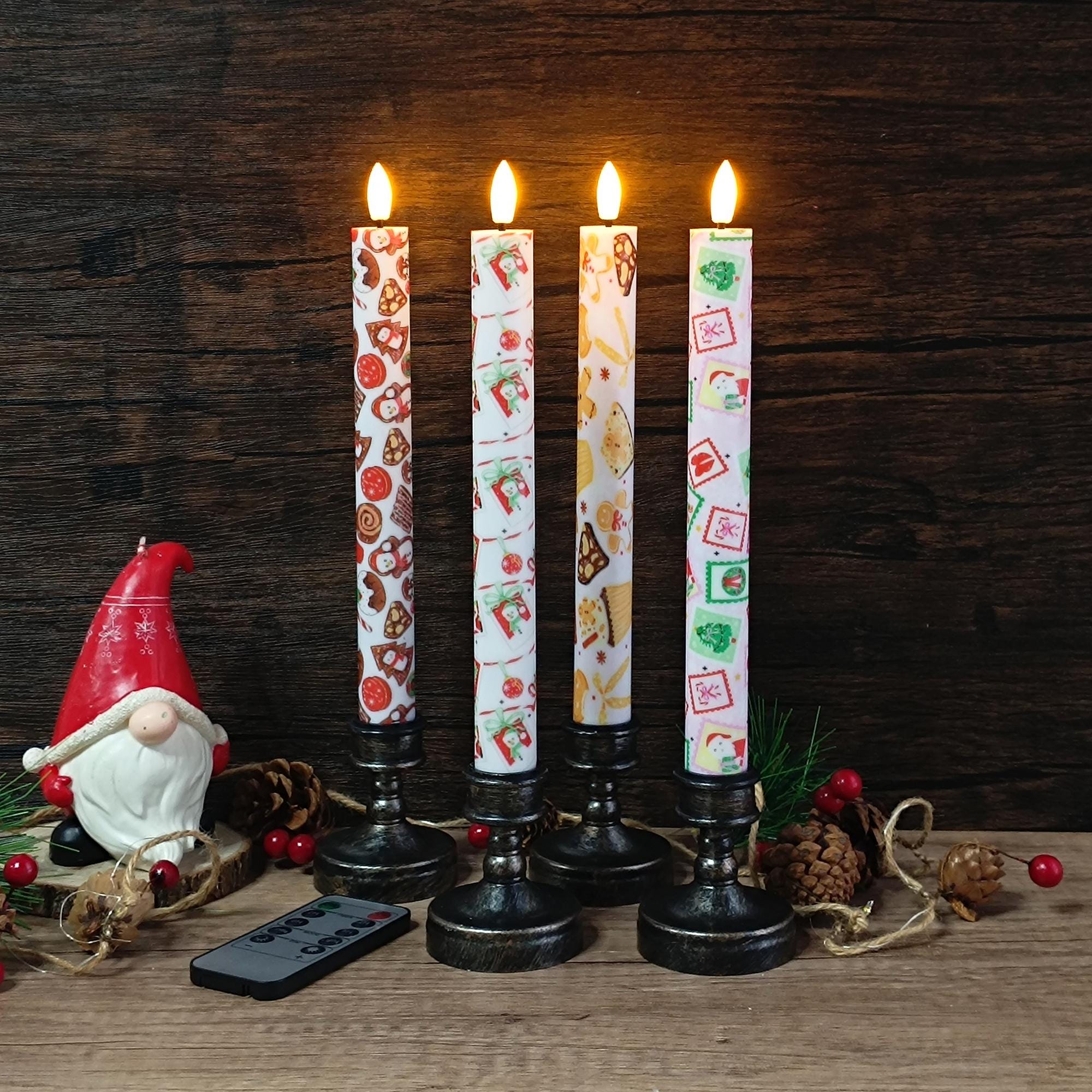 10" Christmas Flameless LED Taper Candles, Battery Timer Candles Gingerbread Man Snowman Christmas Party Decor Christmas Gift