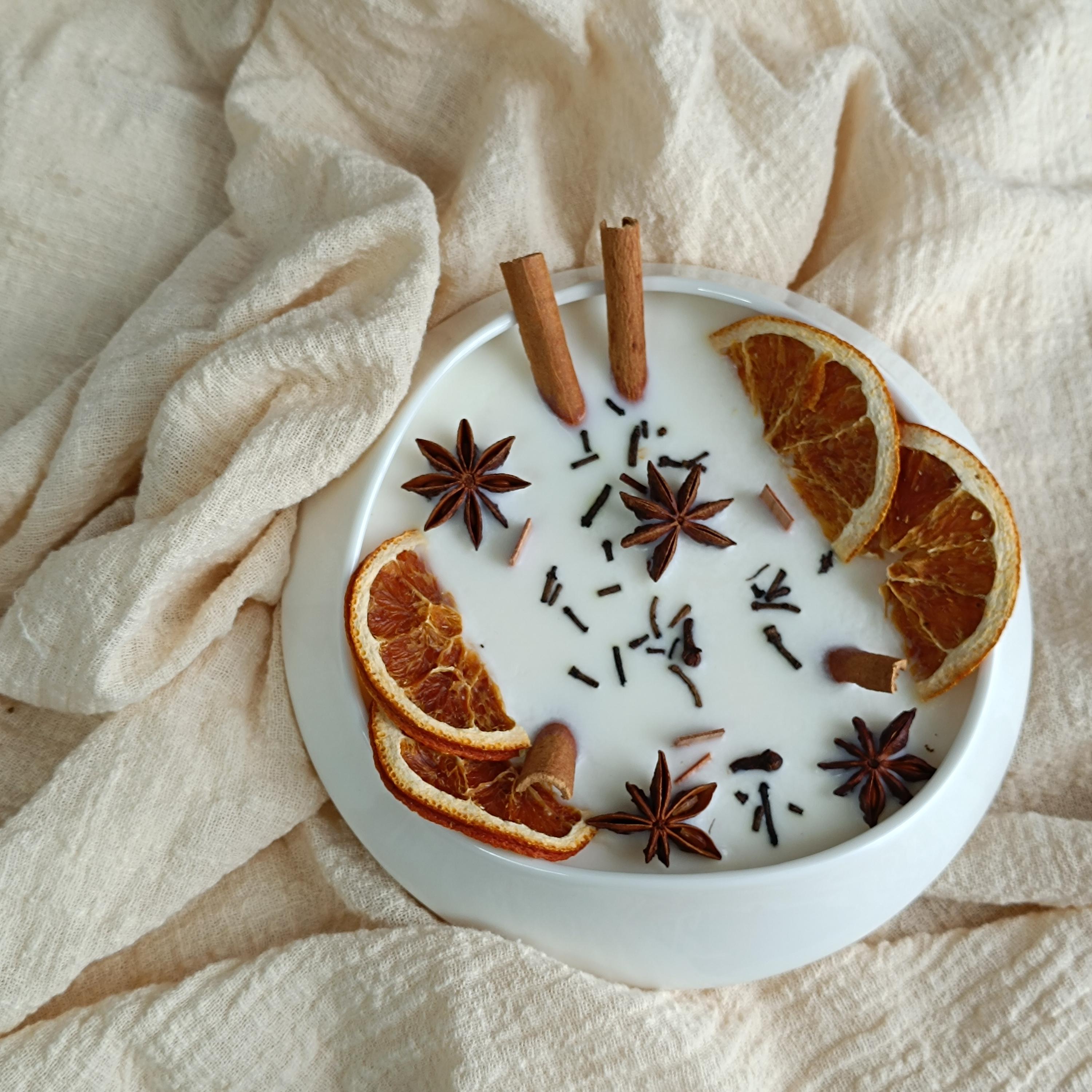 Cinnamon Orange Spice White Ceramics Bowl Candle, Wood Wick Soy Scent Candle Fall Decor, Halloween Witches Candle Christmas Gift for Her
