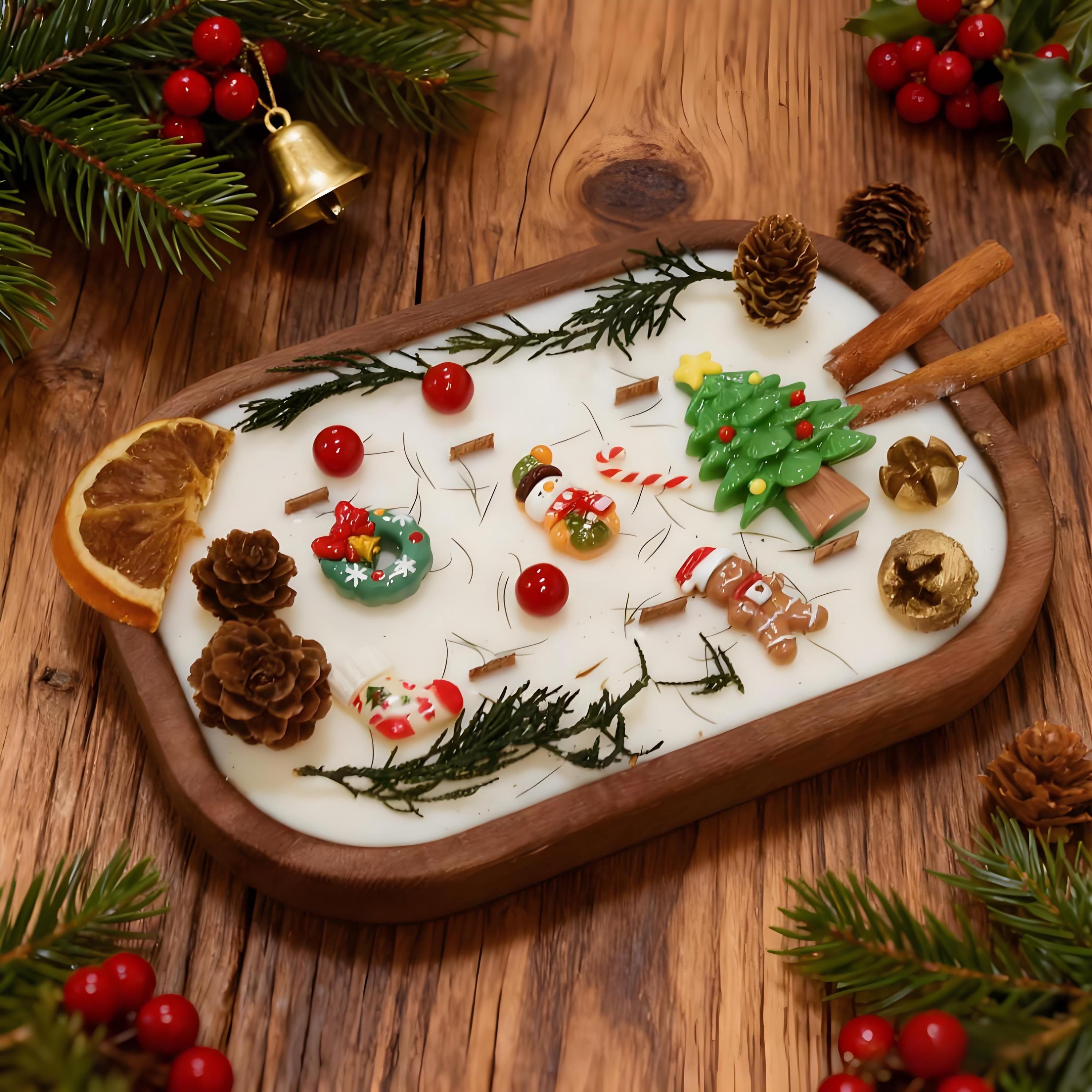 Christmas Dough Bowl Candle, Santa/Reindeer/Snowman Orange Cinnamon Scented Candle, 6 Wood Wick Handmade Candle, Holiday Housewarming Gift