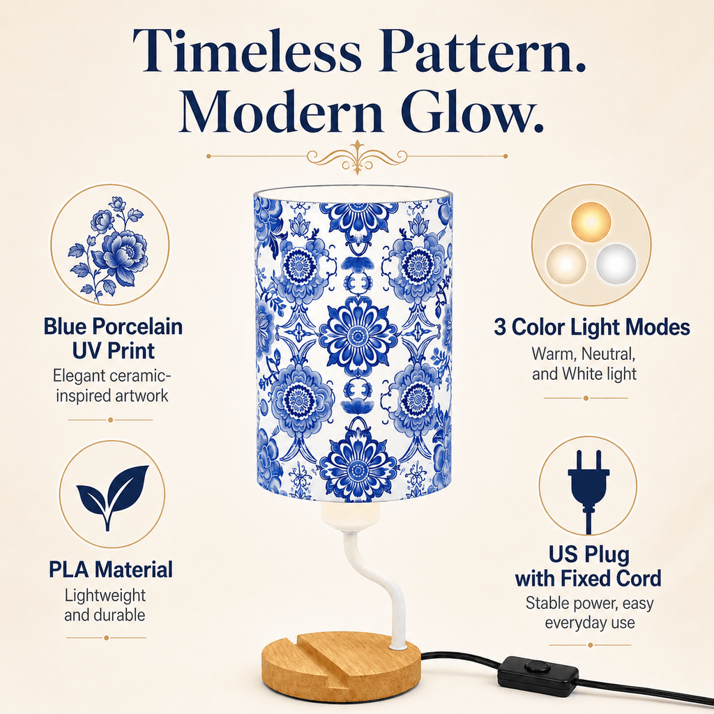 Blue & White Porcelain PLA Eco-Friendly Table Lamp 🎐 3-Button Dimmable Bedside Lamp with Phone Stand, Oriental Floral Home Decor Gift