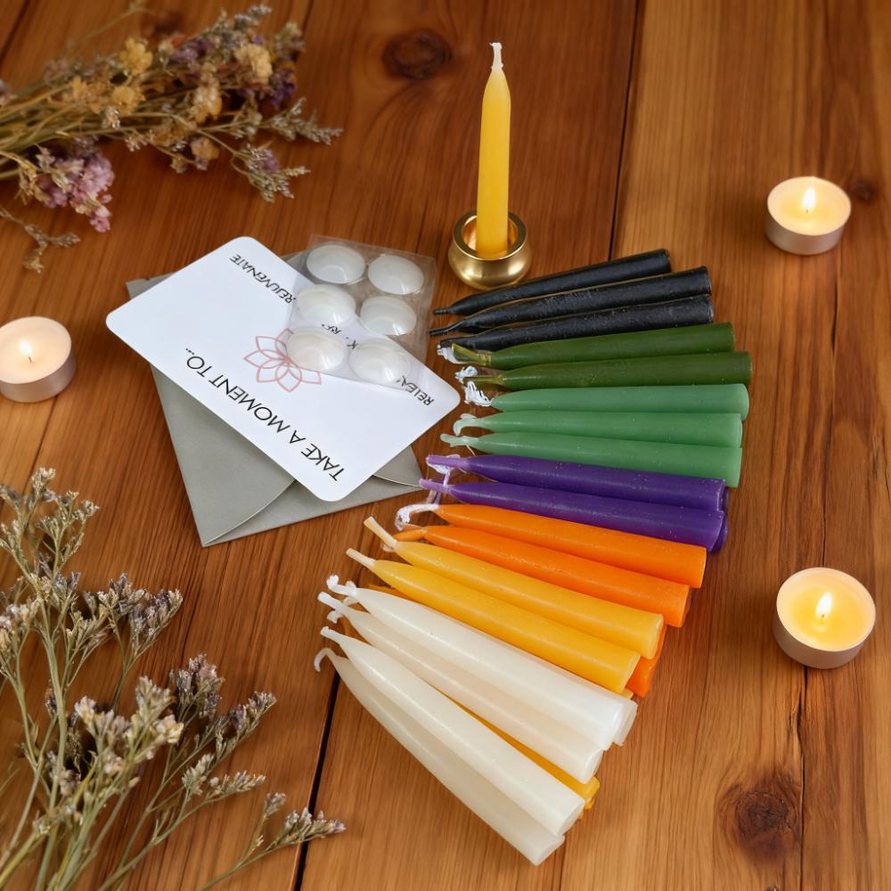 Ritual/Chime/Spell/Candles, Multi Color Beeswax Taper Candles, 2.5" Hand-Dipped Meditation Prayers Candles with Holder, 35pcs