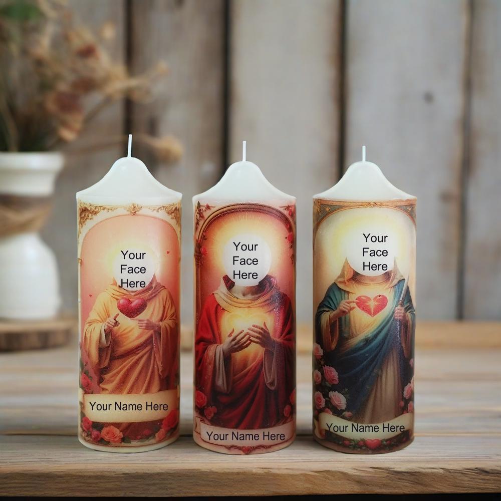 Personalized Prayer Candle: Custom Saint Memorial, Handmade Pillar Candle