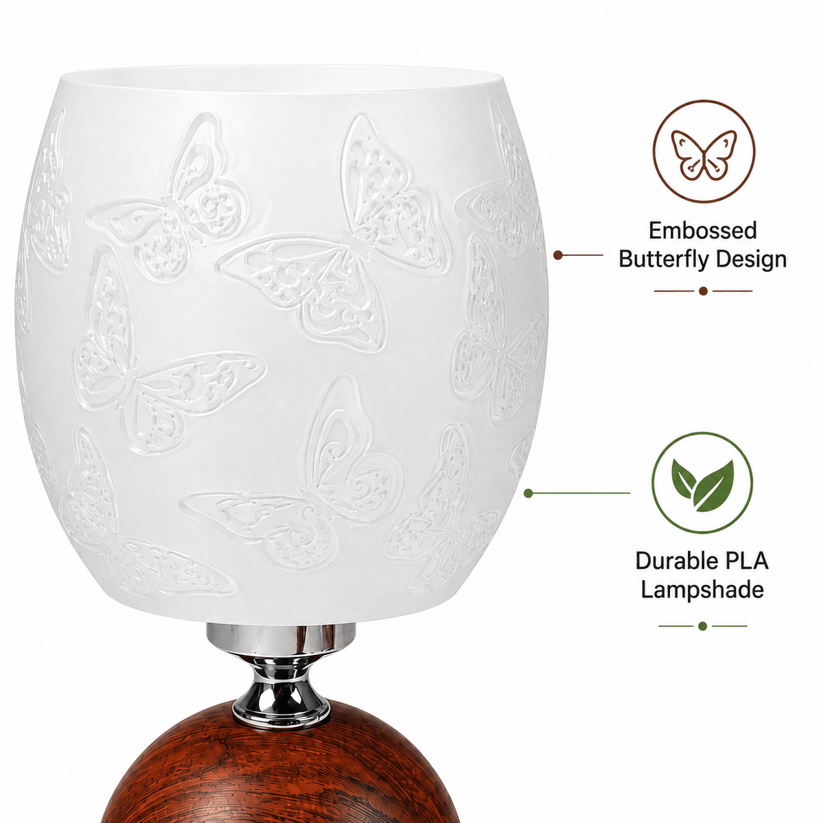 3D Printed Butterfly PLA Eco-Friendly Table Lamp 🦋 3 Color Dimmable Button Control Lamp, Dark Wood Grain Sphere Base Elegant Bedside Decor Lamp