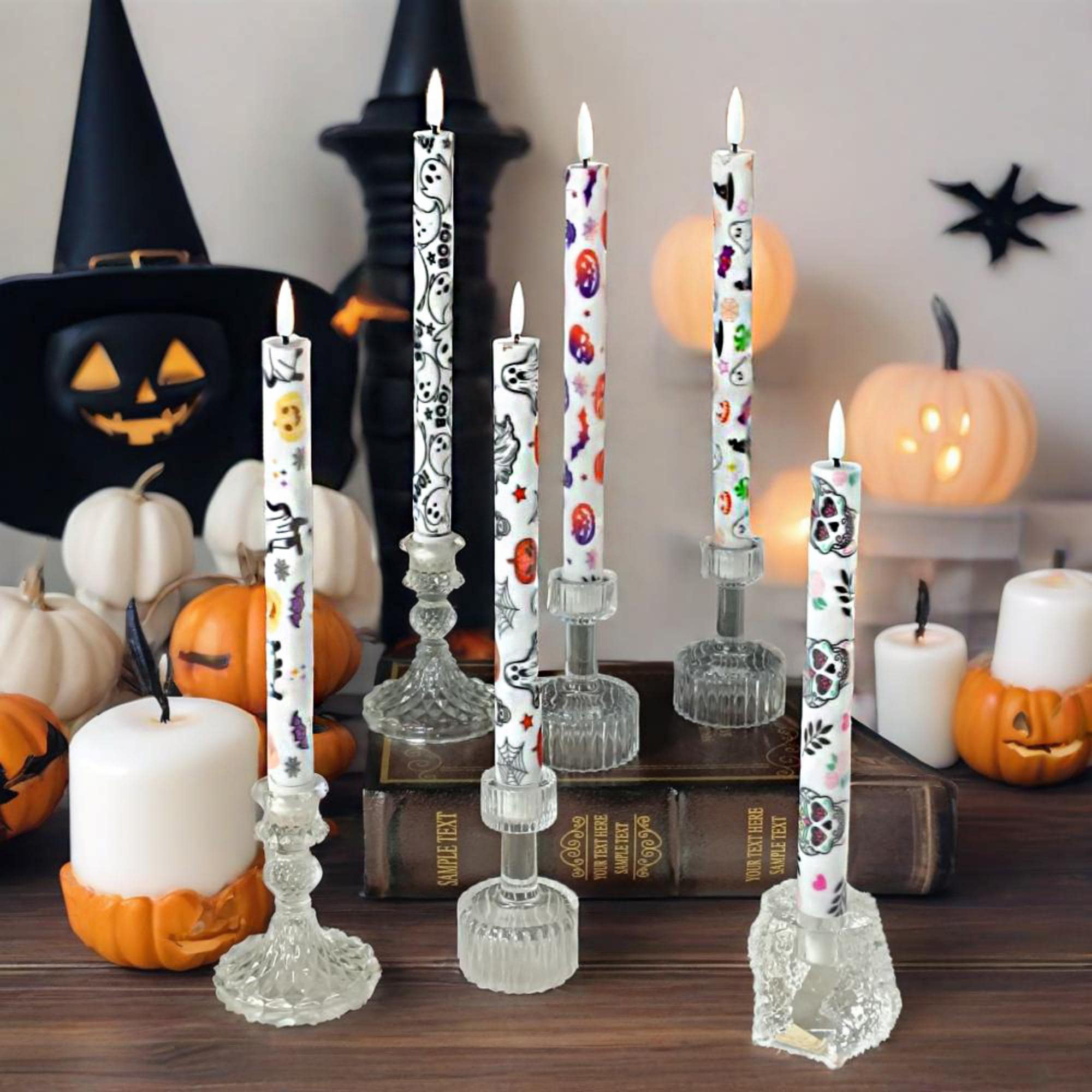 9" Halloween Flameless LED Taper Candles Set of 6, Battery Timer Candles Pumpkin Candlestick Halloween Party Decor Birthday Gift