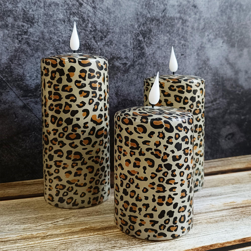 Leopard Printed Flameless Candles,5.1 Inch Led Pillar Candles,Flickering Flameless Candles,Battery Operated Candles,Housewarming Gift