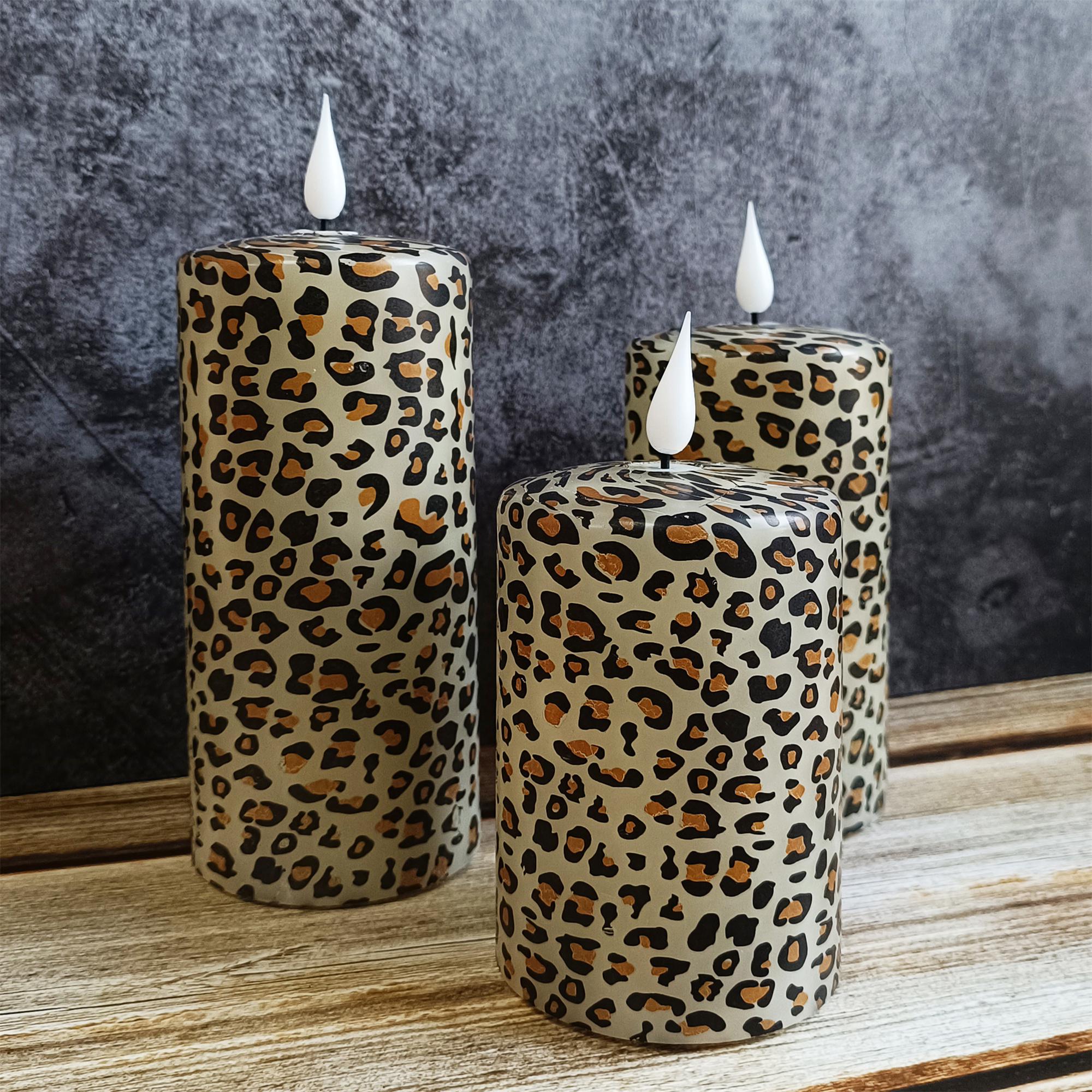 Leopard Printed Flameless Candles,5.1 Inch Led Pillar Candles,Flickering Flameless Candles,Battery Operated Candles,Housewarming Gift