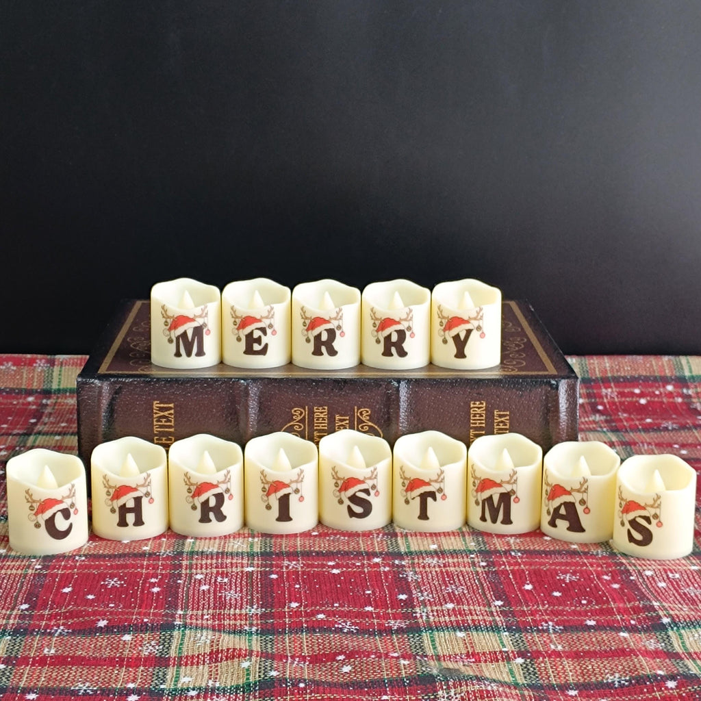 Christmas Tree Alphabet Tea Lights 14 PC Set with Batteries, Red Green Flameless Tealight Candles Decor Christmas Gift