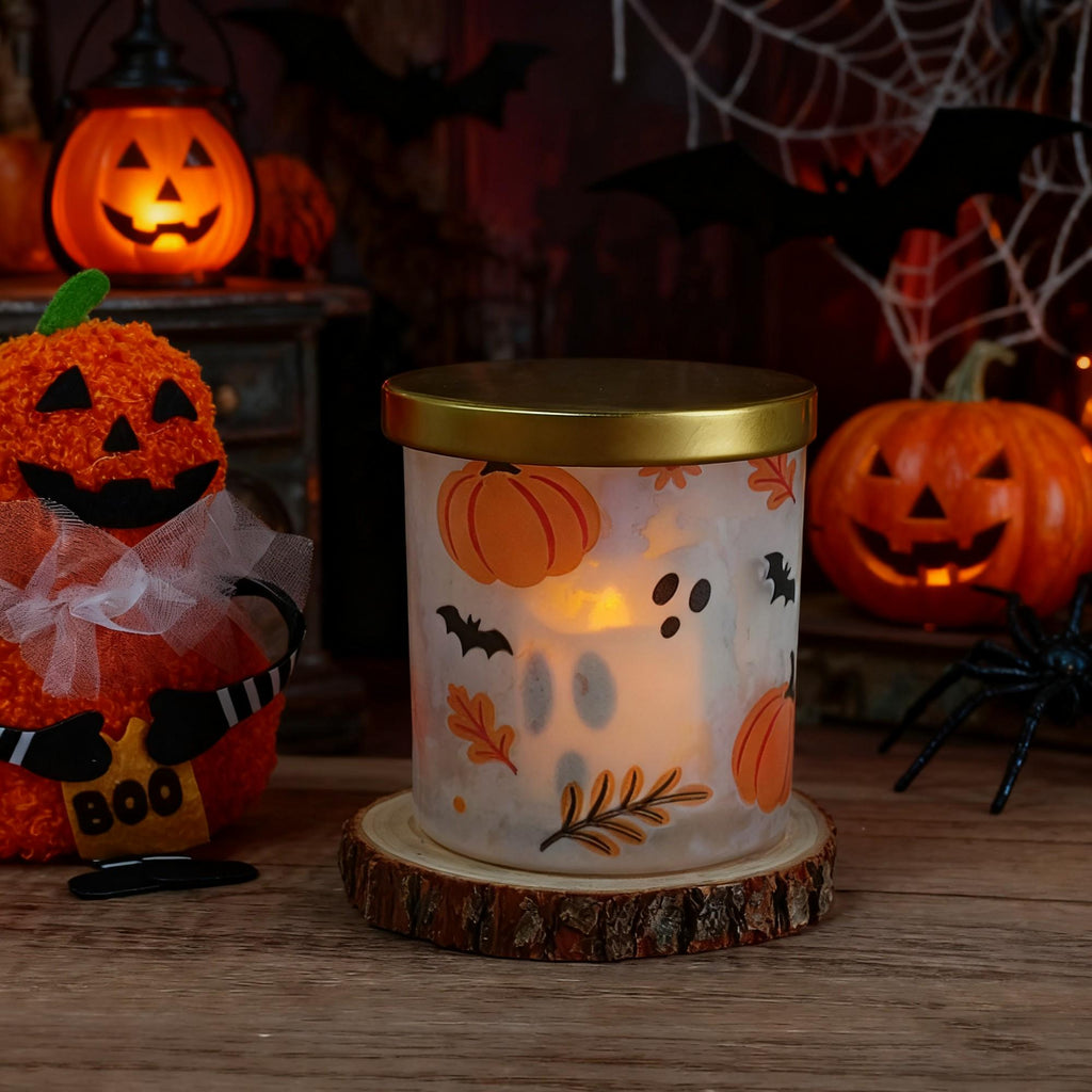 Halloween Frosted Glass Candle Holder | 4 Theme Ghost Night Light Set | Halloween Decorative Candle Light Home Decor