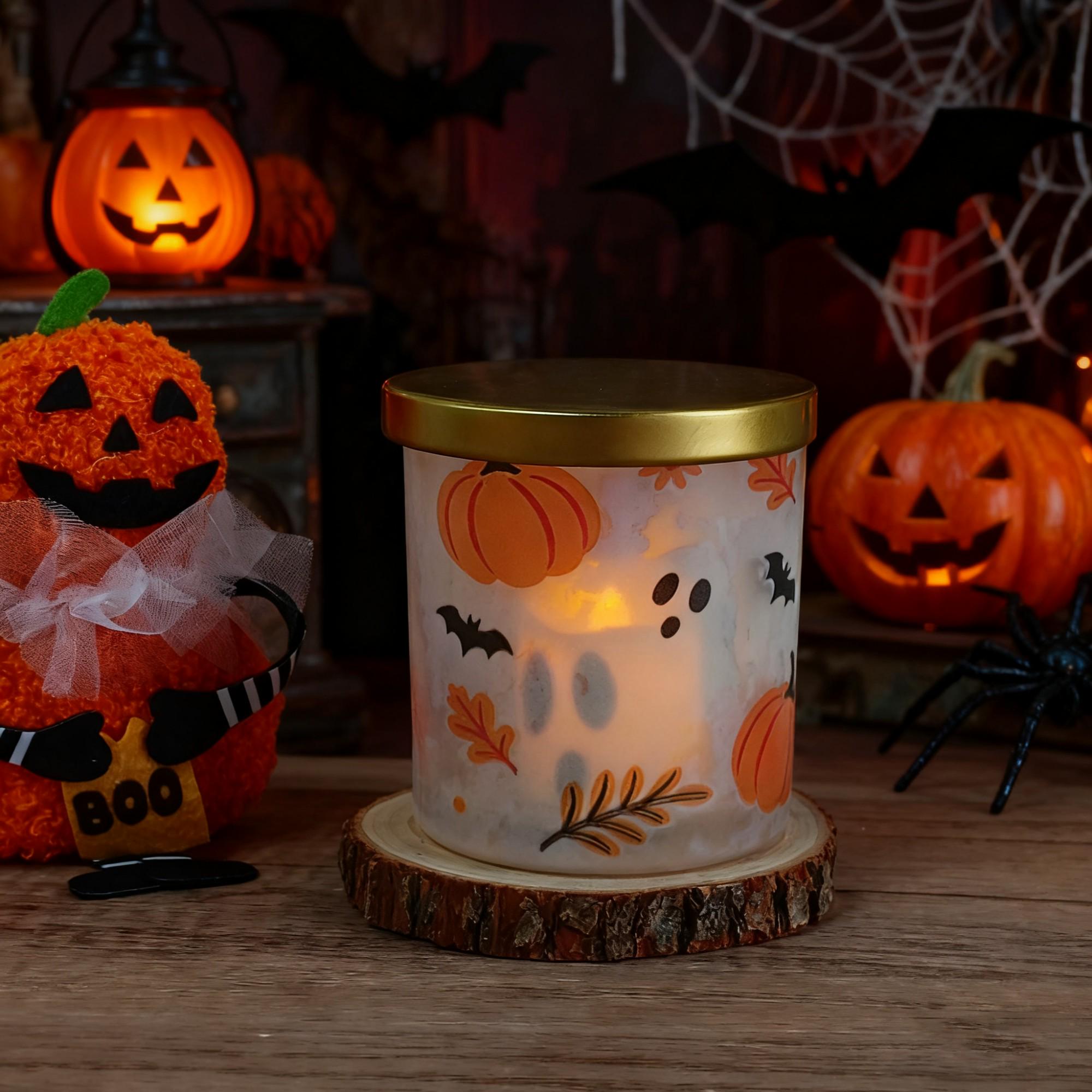 Halloween Frosted Glass Candle Holder | 4 Theme Ghost Night Light Set | Halloween Decorative Candle Light Home Decor