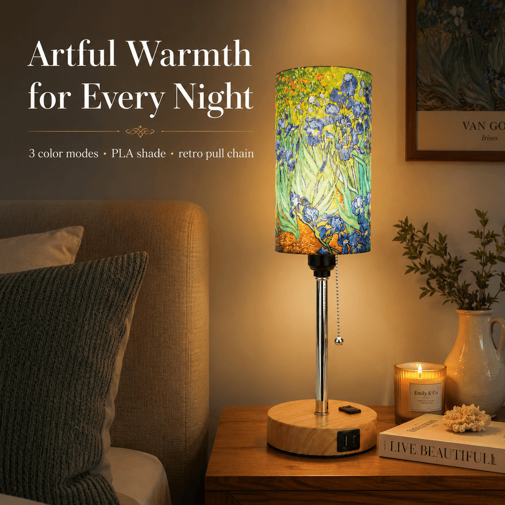 Van Gogh Irises PLA Eco-Friendly Pull Chain Table Lamp 💐 3 Color Dimmable Multifunctional Bedside Lamp, Classic Art Home Decor Gift