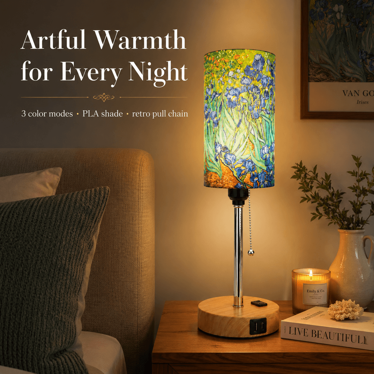 Van Gogh Irises PLA Eco-Friendly Pull Chain Table Lamp 💐 3 Color Dimmable Multifunctional Bedside Lamp, Classic Art Home Decor Gift