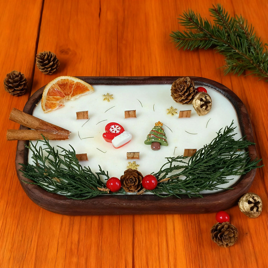 Spice-Decorated Wooden Dough Bowl Scented Candle,6 Wick Container Candle,,Christmas Decor Christmas Gift,Custom Gifts