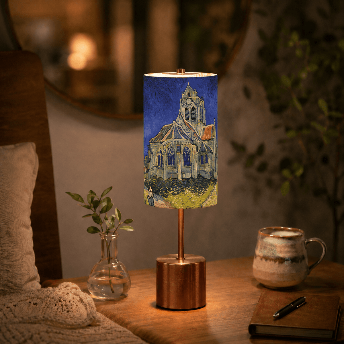 Van Gogh Series PLA Touch Lamp 🎨 3 Color Light, 6 Hours Battery Runtime, Rose Gold Base Art Inspired Desk Lamp