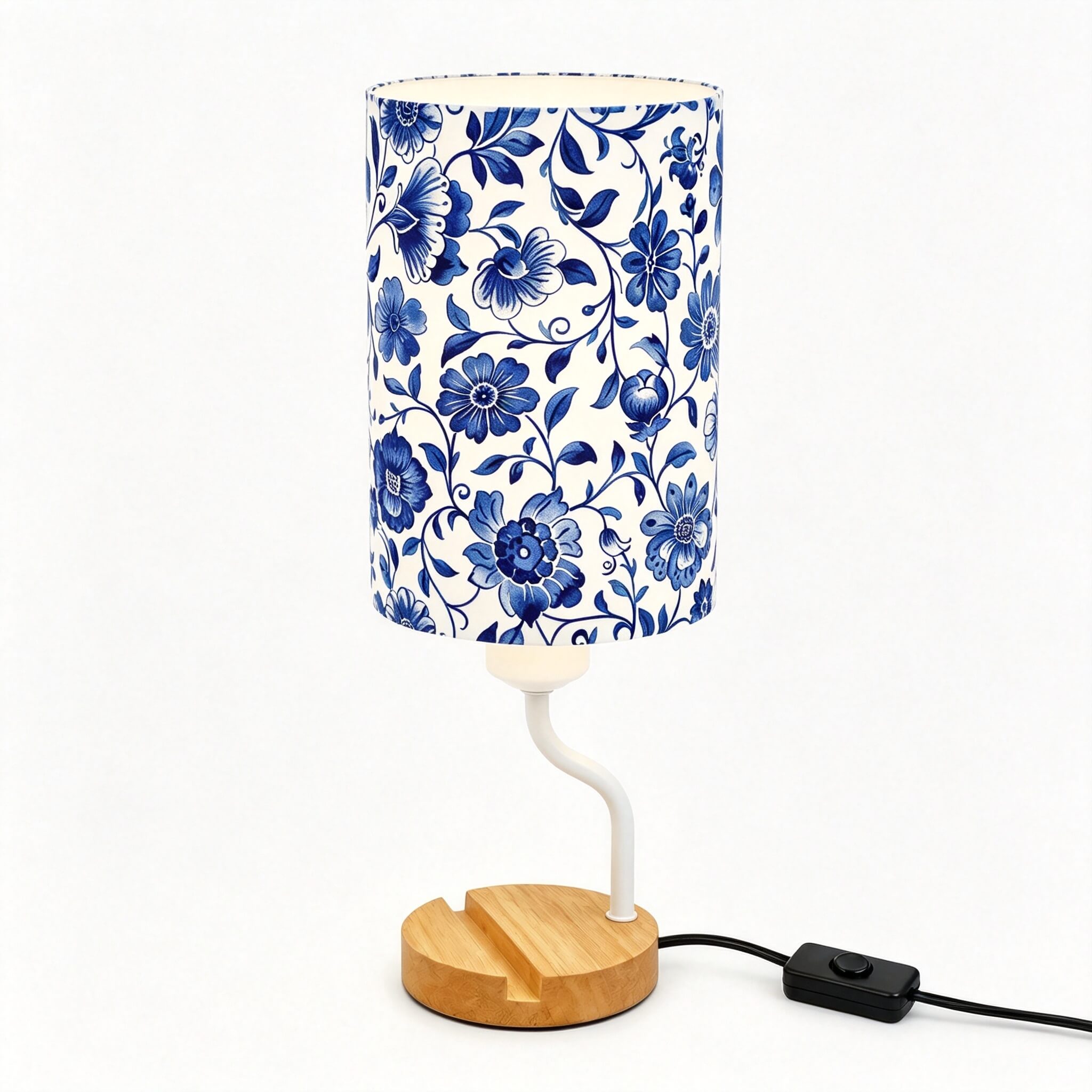 Blue & White Porcelain PLA Eco-Friendly Table Lamp 🎐 3-Button Dimmable Bedside Lamp with Phone Stand, Oriental Floral Home Decor Gift
